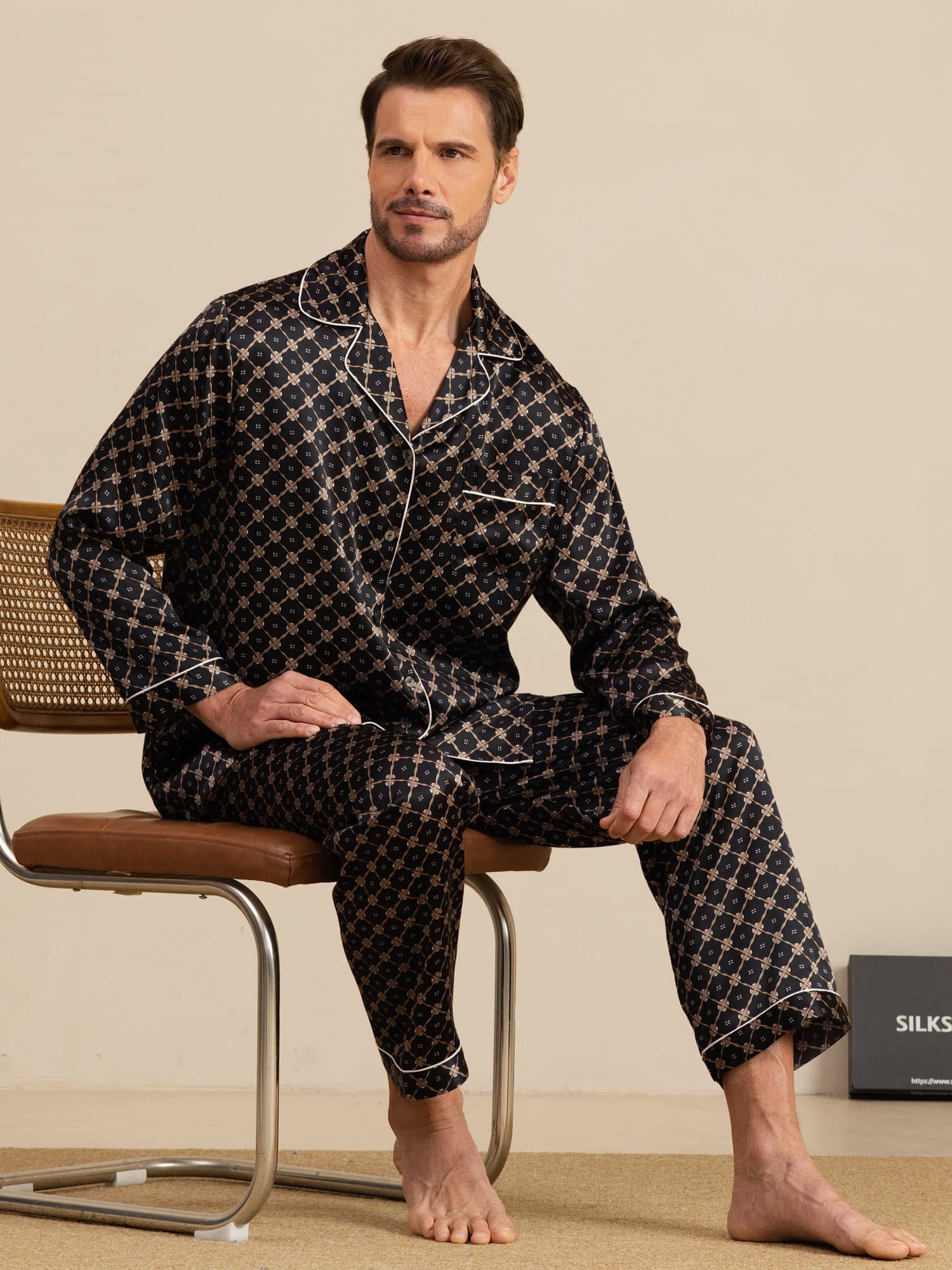 Pure Silk Navy Chain Print Long Sleeve Men's Pajamas Set With Pants - Image 14