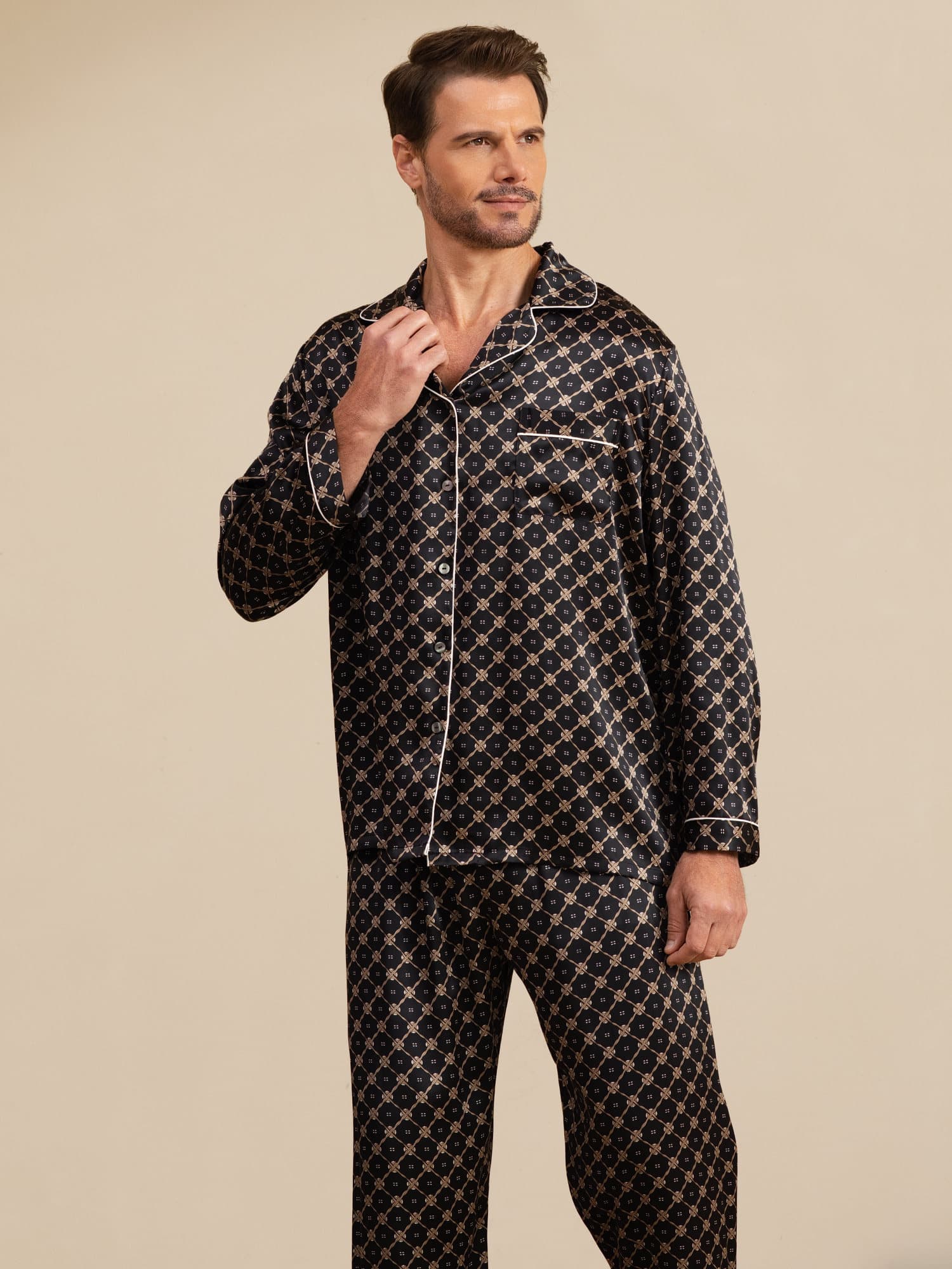 Pure Silk Navy Chain Print Long Sleeve Men's Pajamas Set With Pants - Image 15