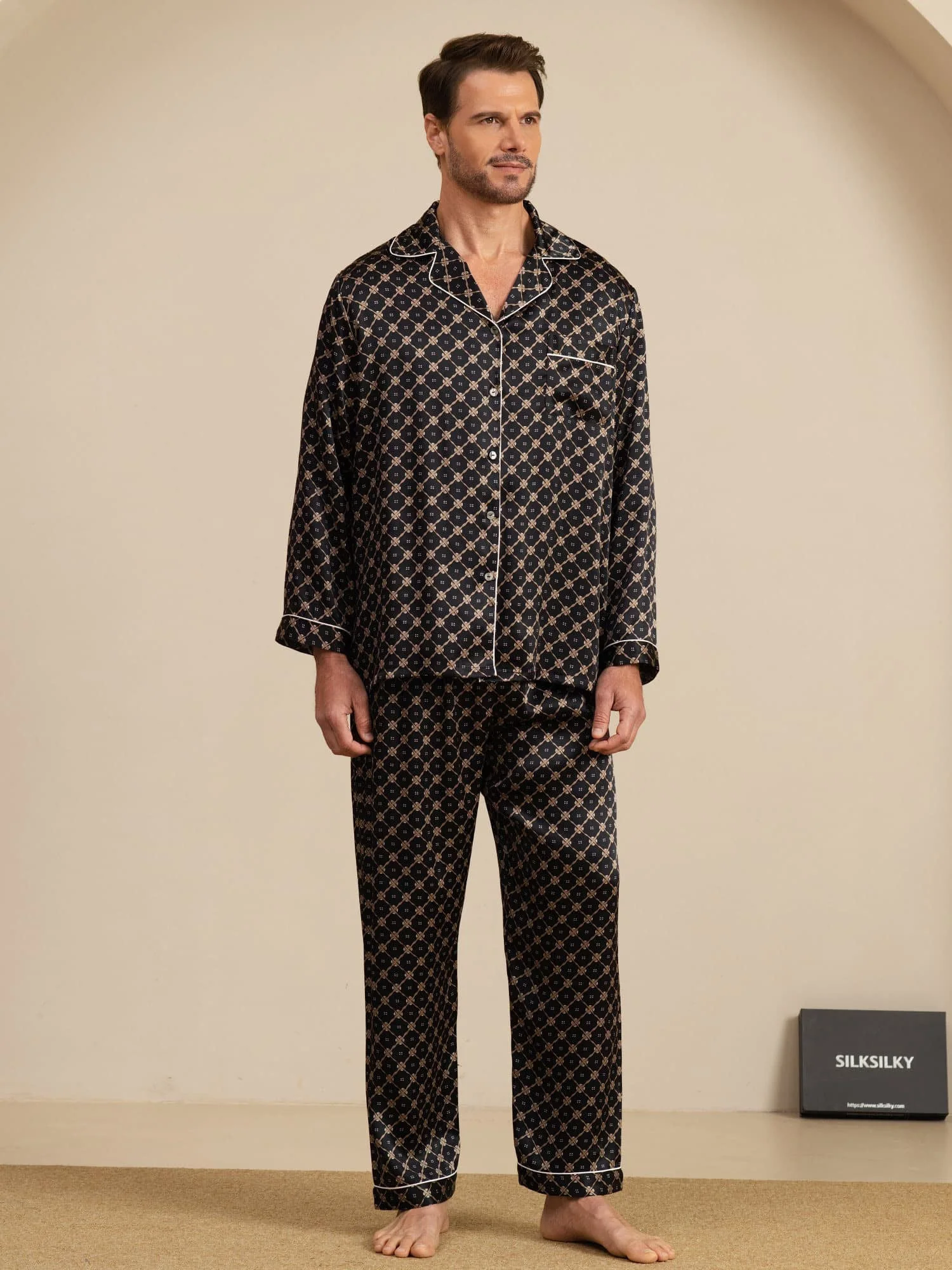 Pure Silk Navy Chain Print Long Sleeve Men's Pajamas Set With Pants - Image 19