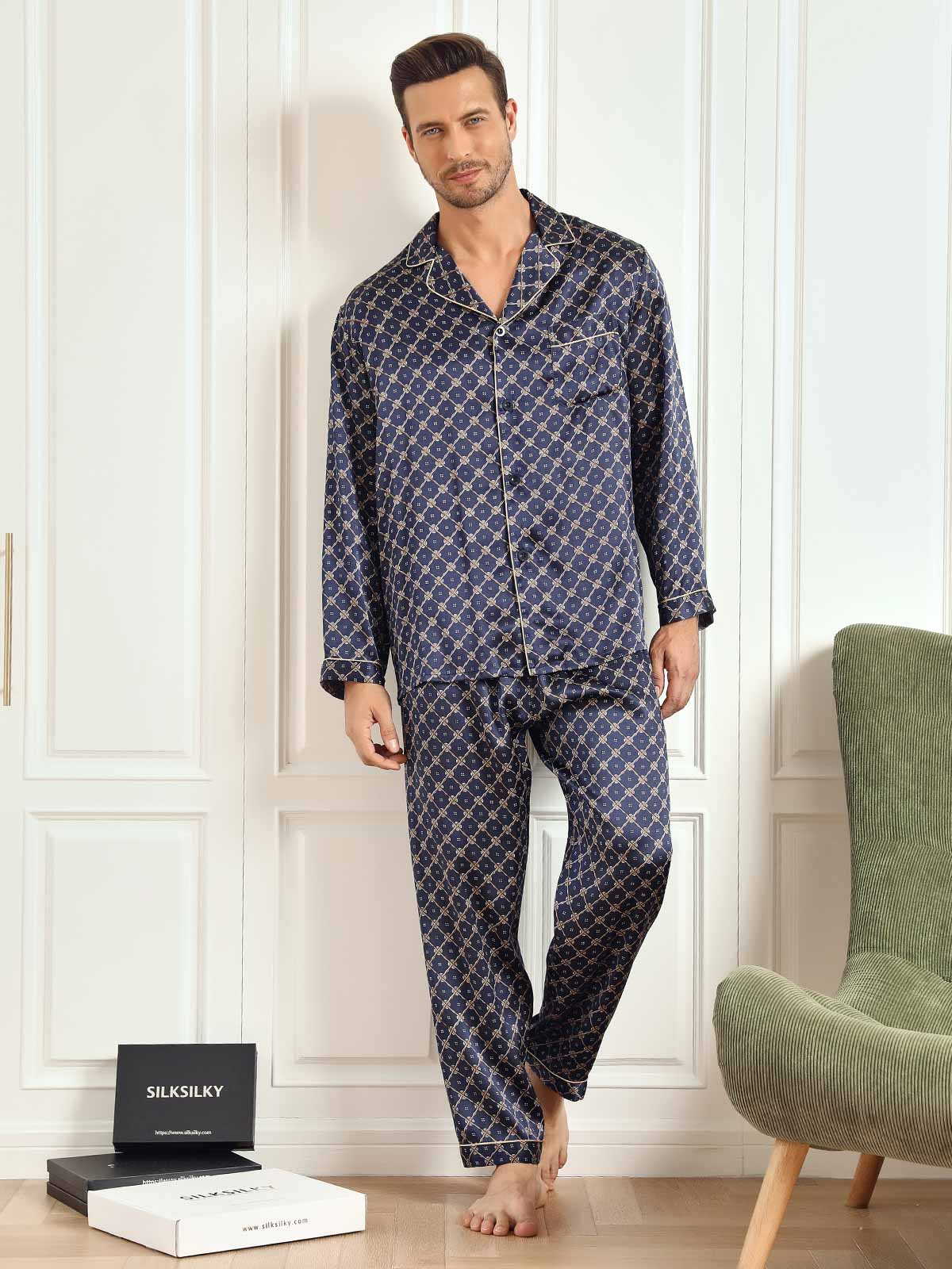 Pure Silk Navy Chain Print Long Sleeve Men's Pajamas Set With Pants - Image 8