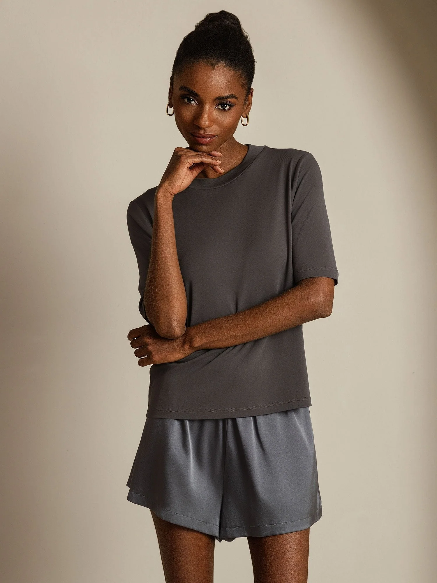 Women's Pure Silk Half Sleeve Round Neck T-Shirt - Image 38