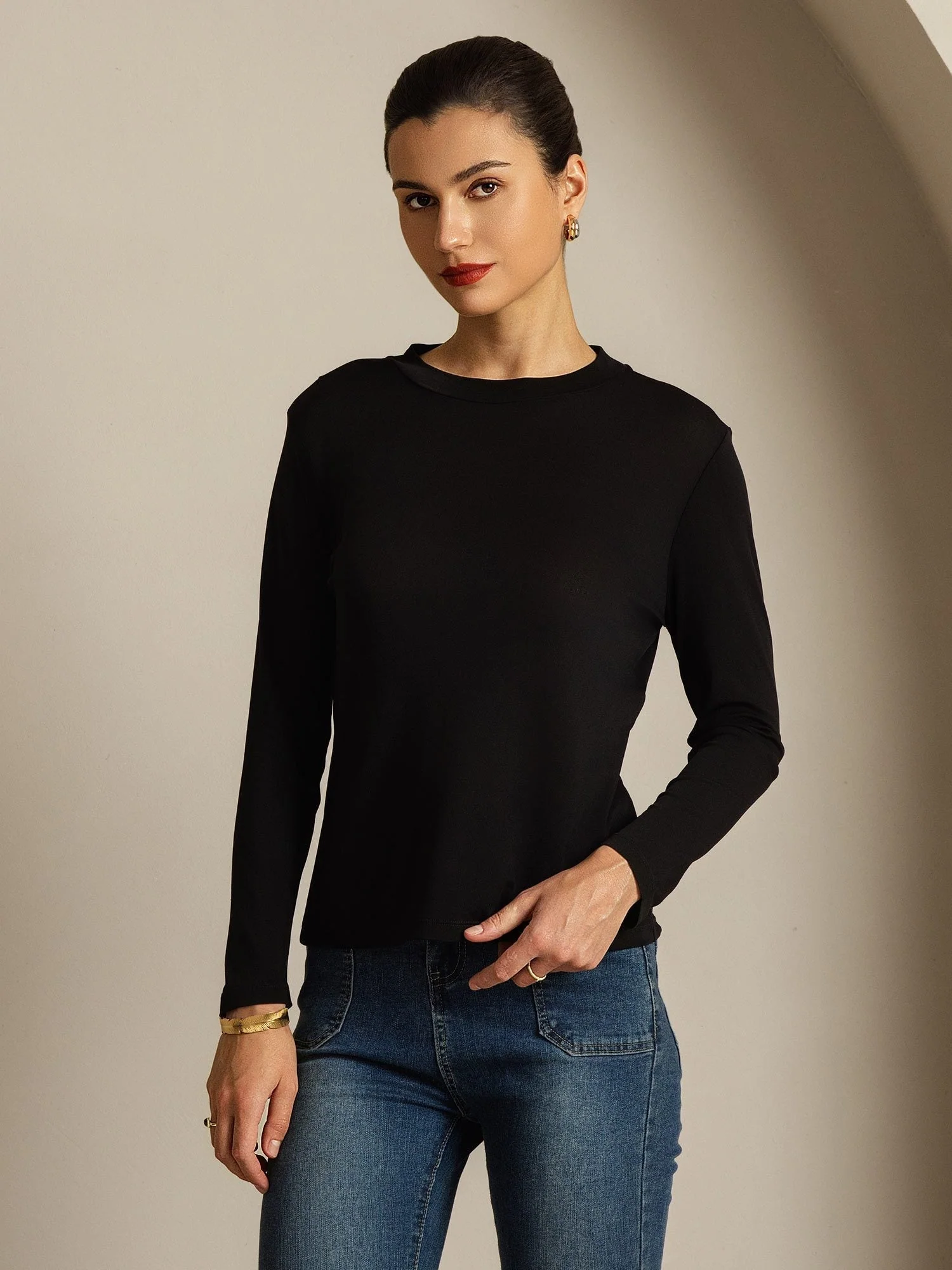 Women's Pure Silk Long Sleeve Round Neck Top - Image 19