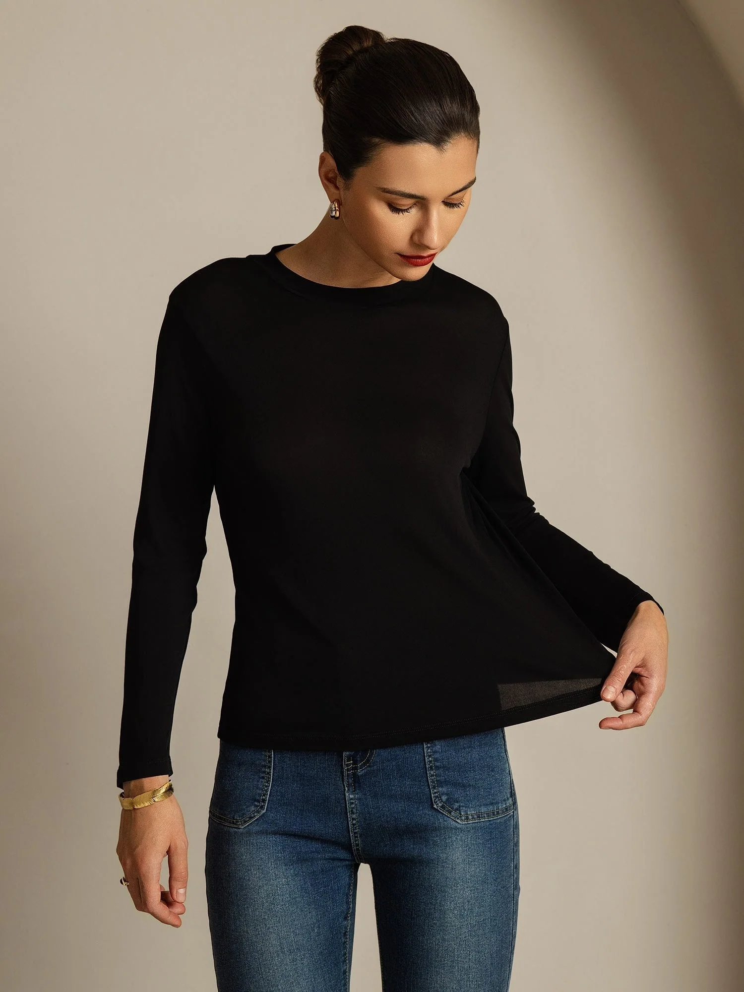 Women's Pure Silk Long Sleeve Round Neck Top - Image 21