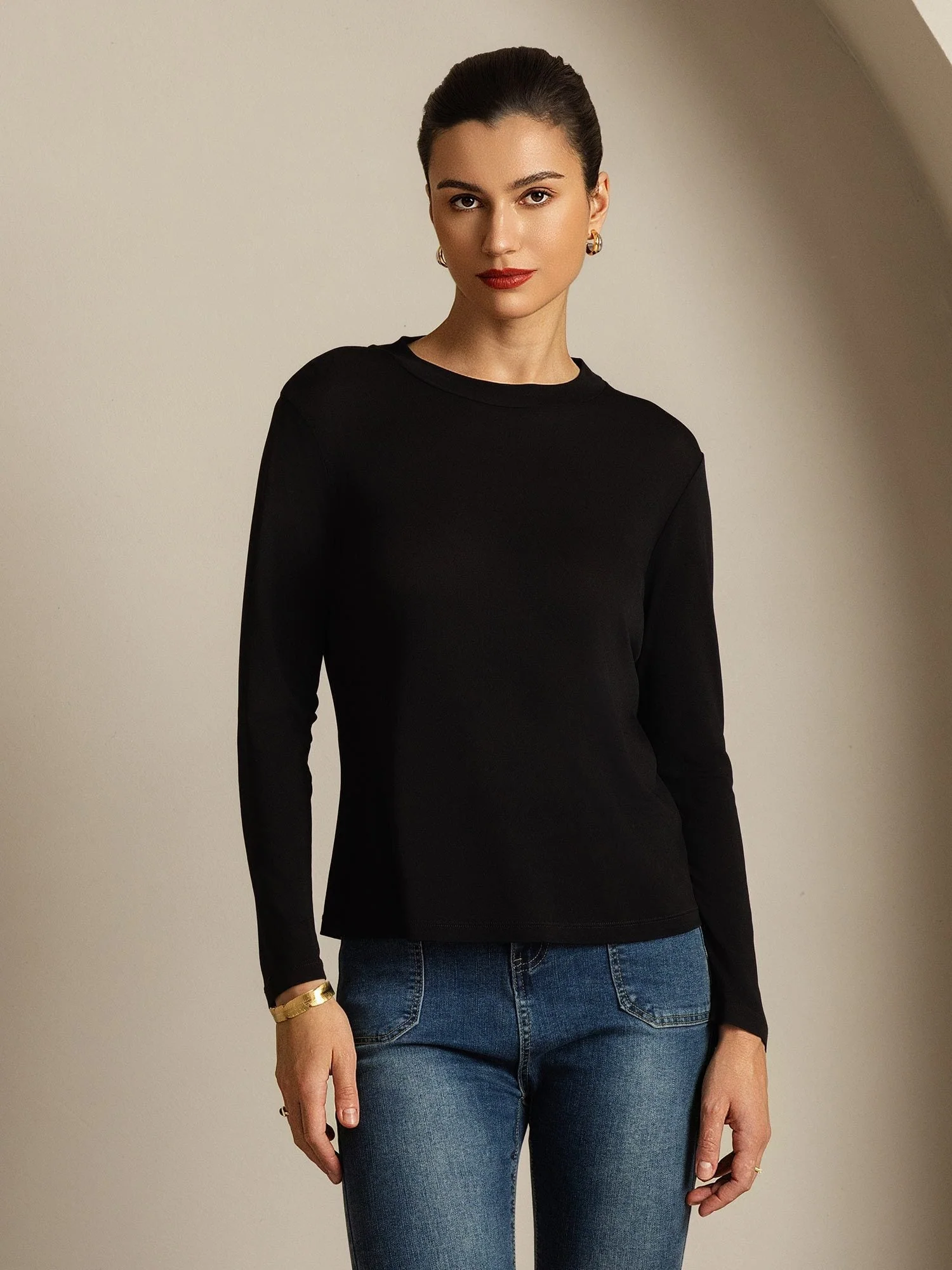 Women's Pure Silk Long Sleeve Round Neck Top - Image 23