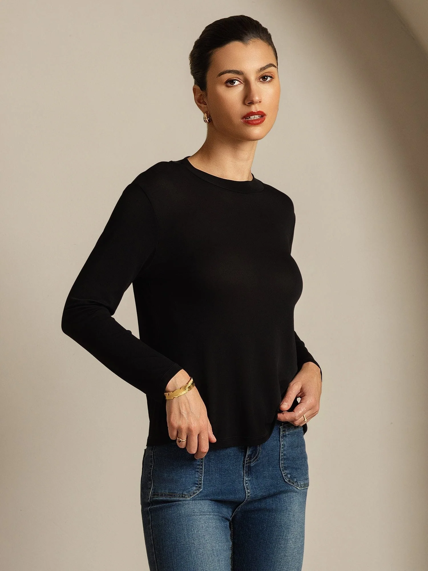 Women's Pure Silk Long Sleeve Round Neck Top - Image 24