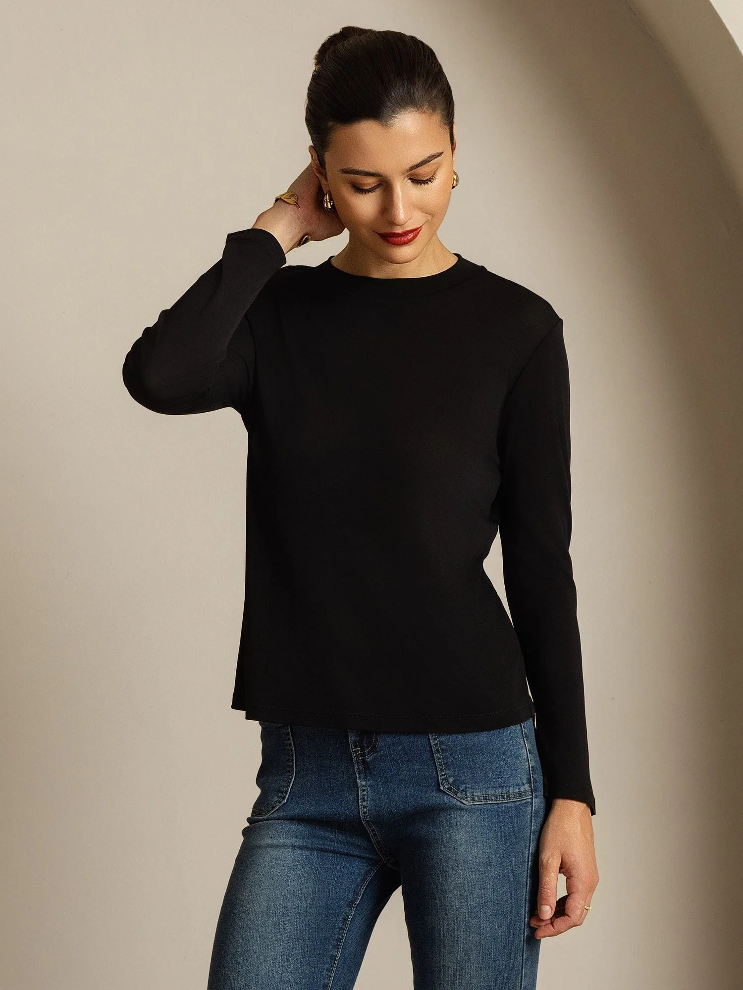 Women's Pure Silk Long Sleeve Round Neck Top - Image 25
