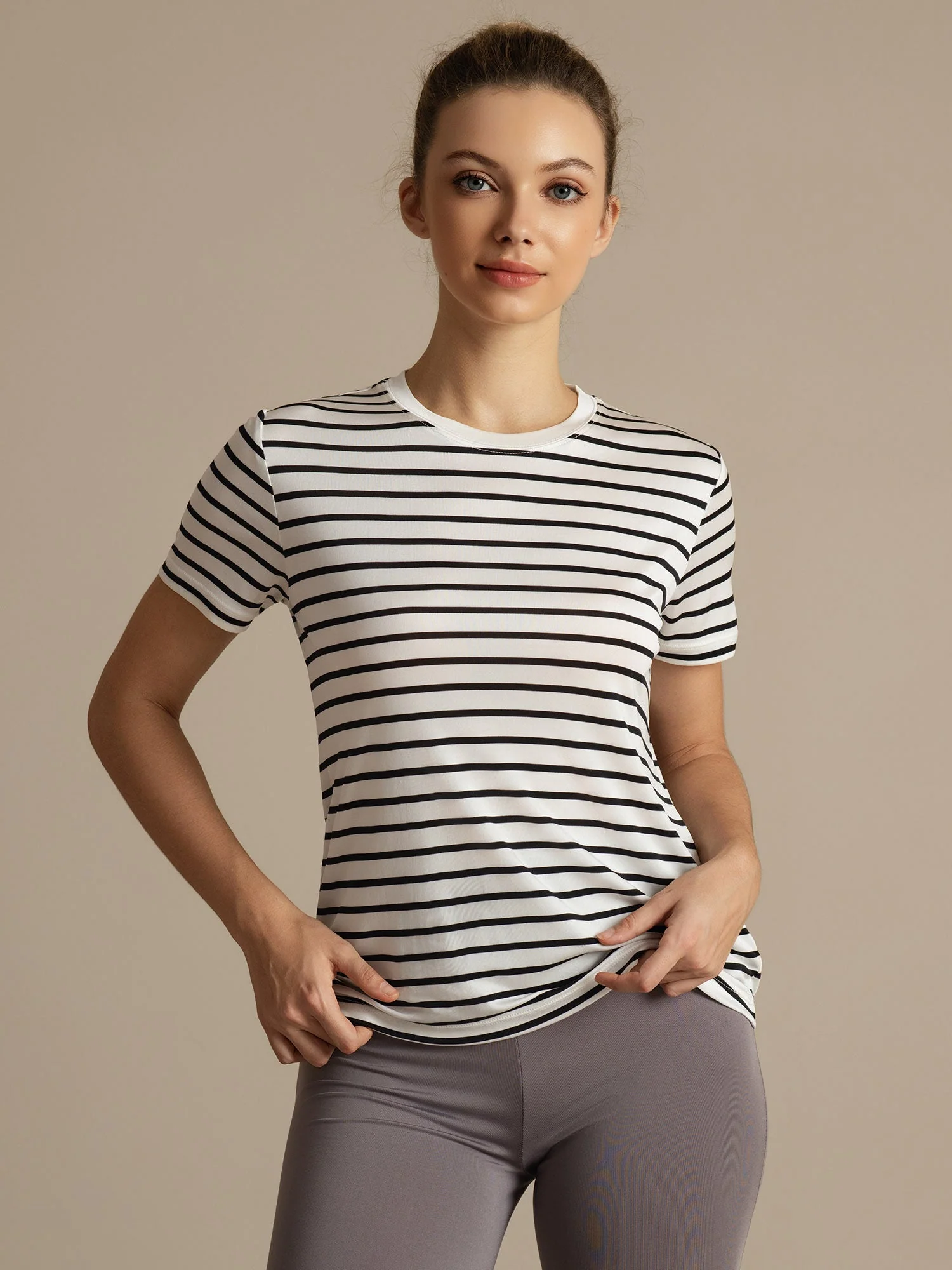 Pure Silk Short Sleeve Round Neck Women's Stripe Sport T-shirt - Image 10