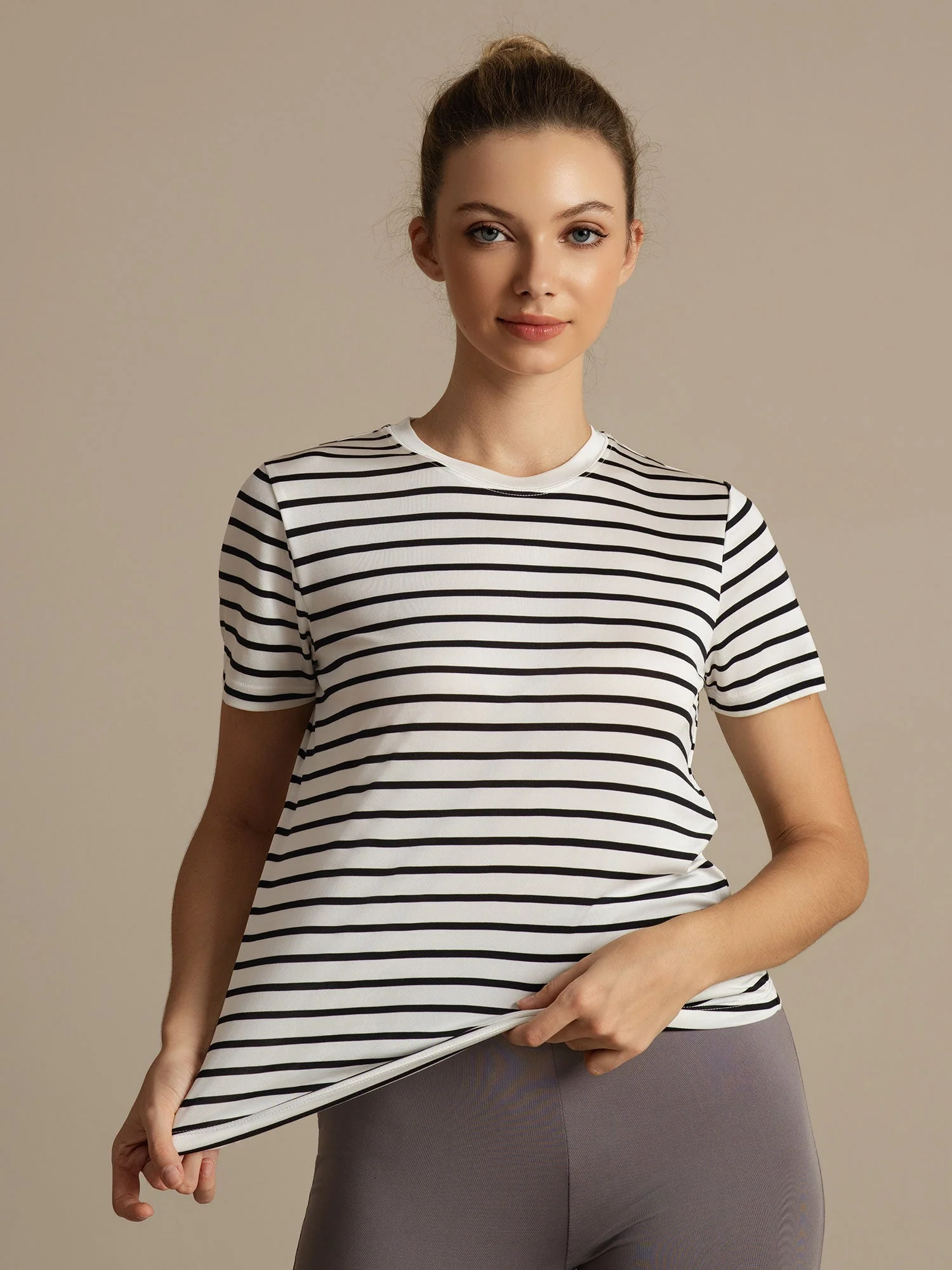 Pure Silk Short Sleeve Round Neck Women's Stripe Sport T-shirt - Image 12