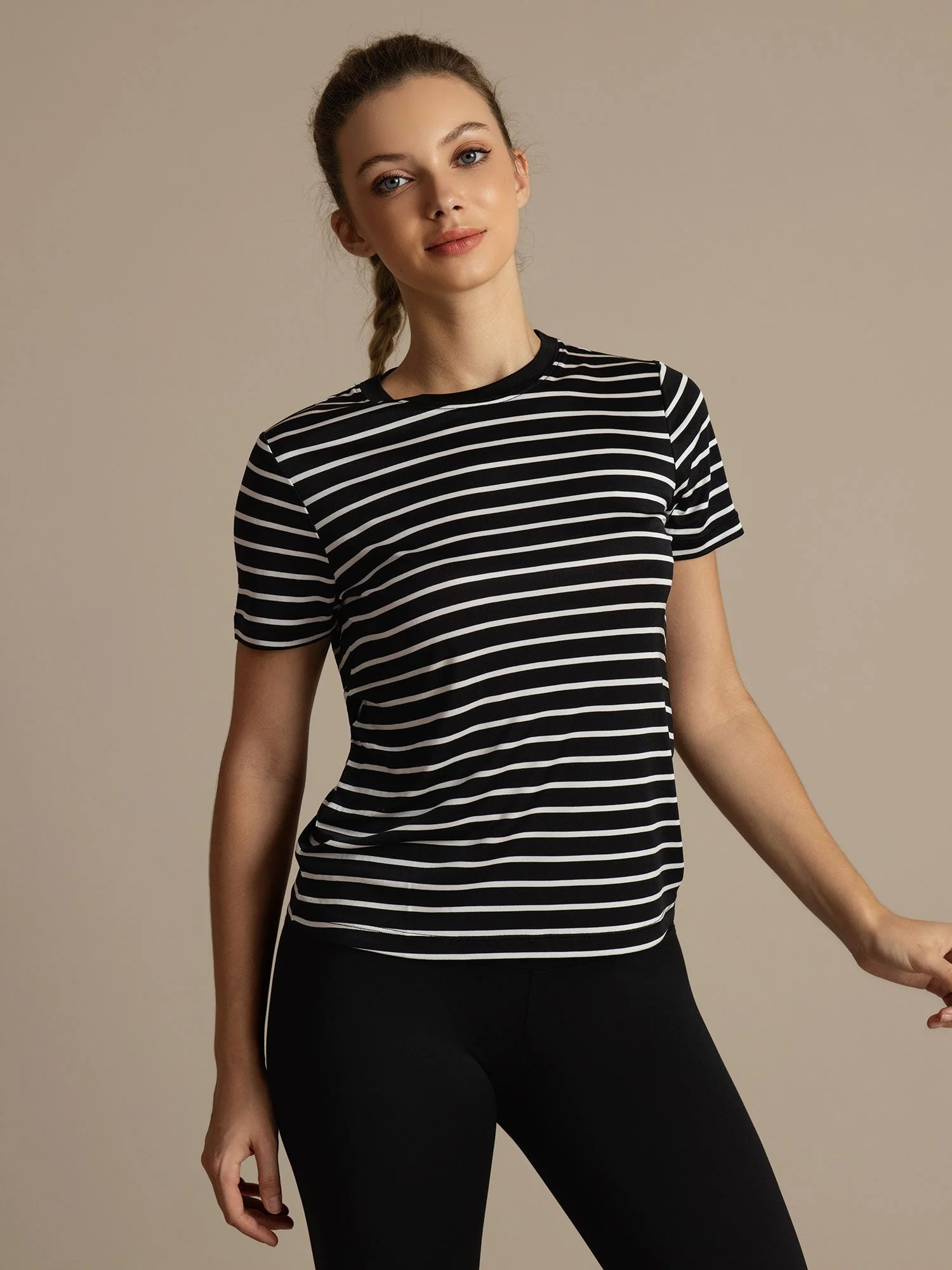 Pure Silk Short Sleeve Round Neck Women's Stripe Sport T-shirt - Image 2