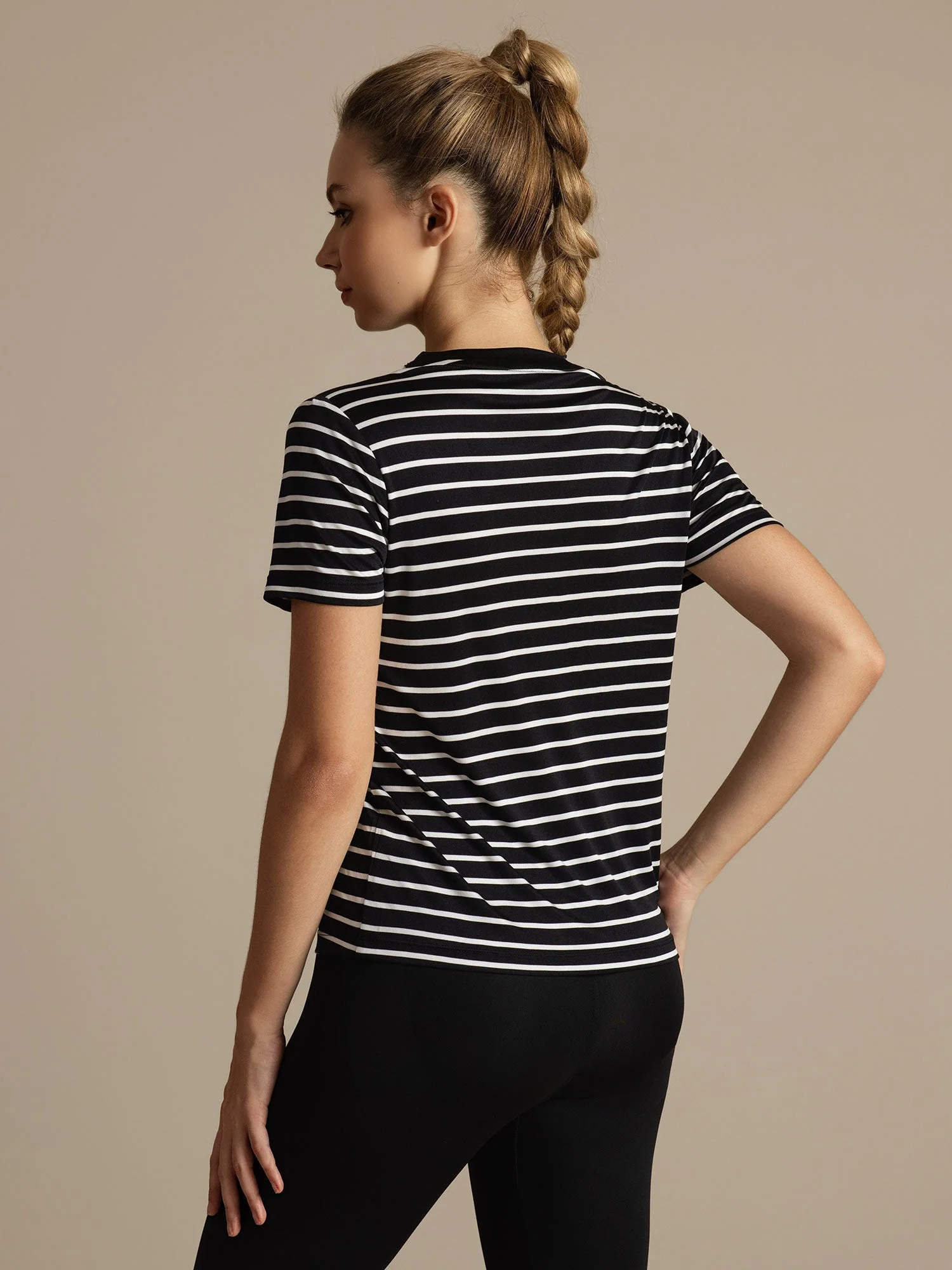 Pure Silk Short Sleeve Round Neck Women's Stripe Sport T-shirt - Image 3