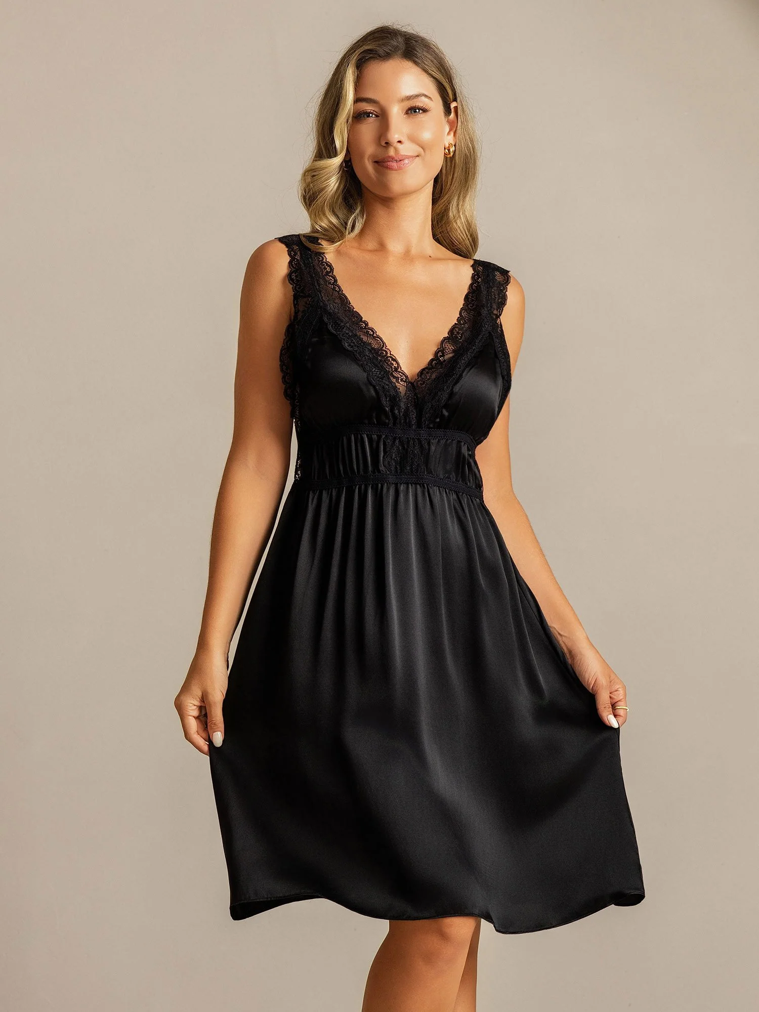 Pure Silk Sleeveless Lace Deep V neck Empire Waist Nightgown - Image 11