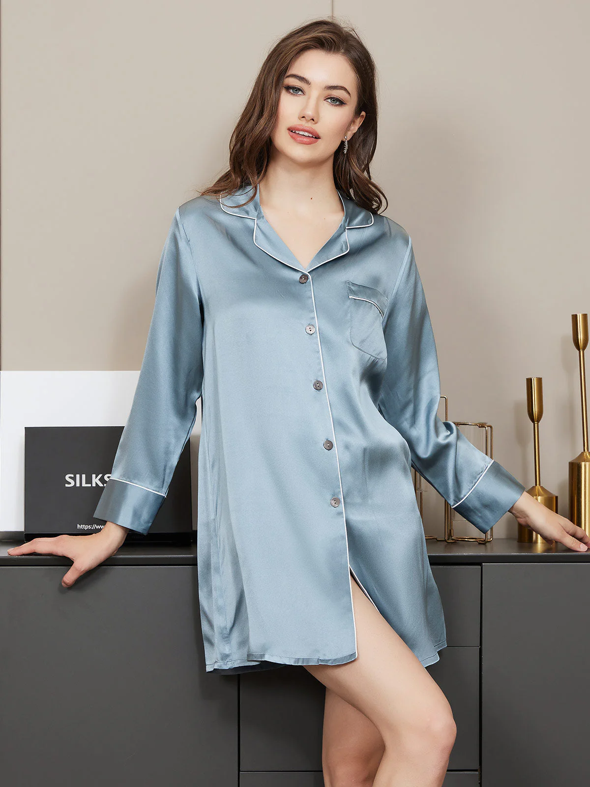 Pure Silk Classic Button Up Nightshirt - Image 18