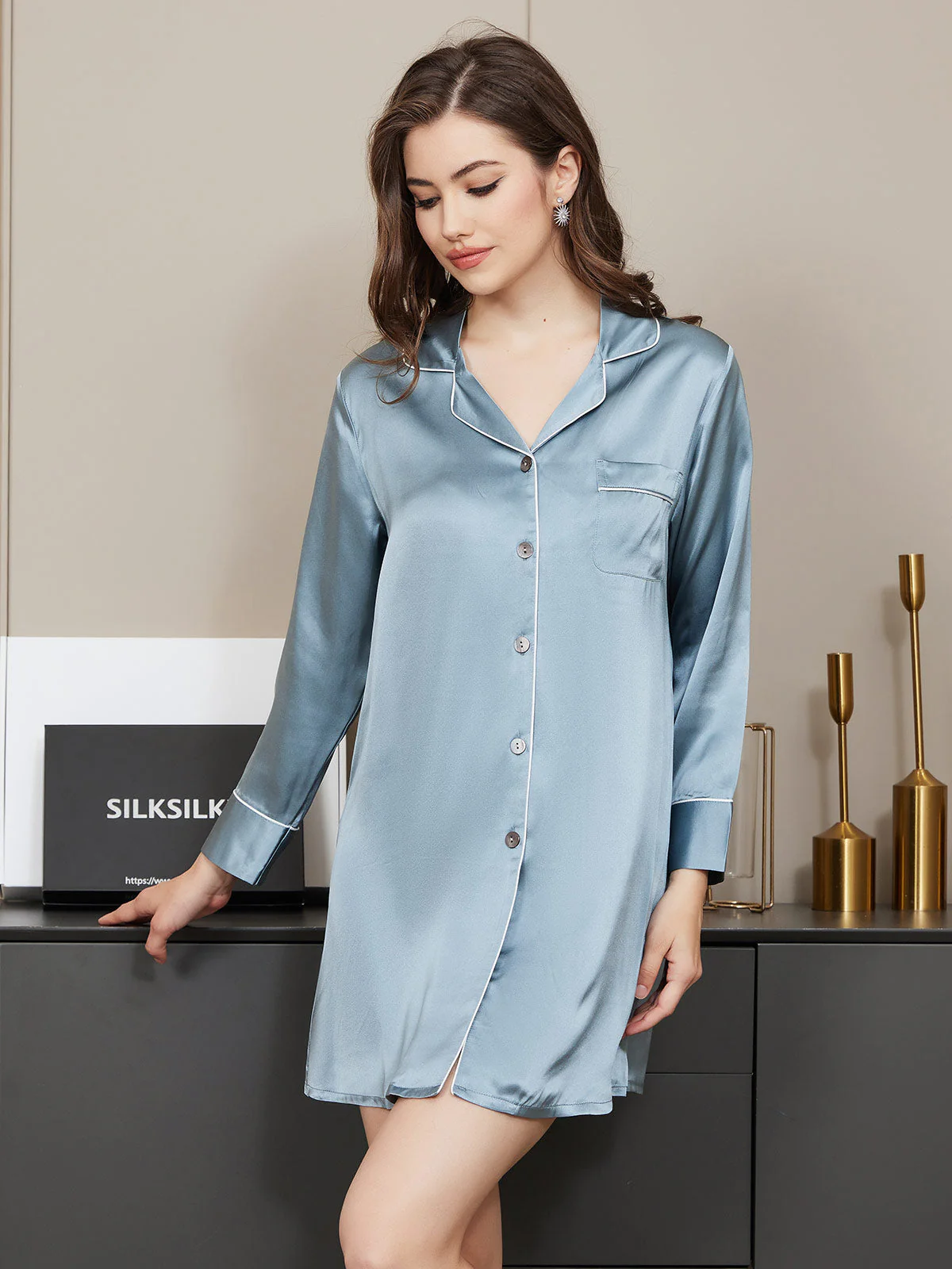 Pure Silk Classic Button Up Nightshirt - Image 19