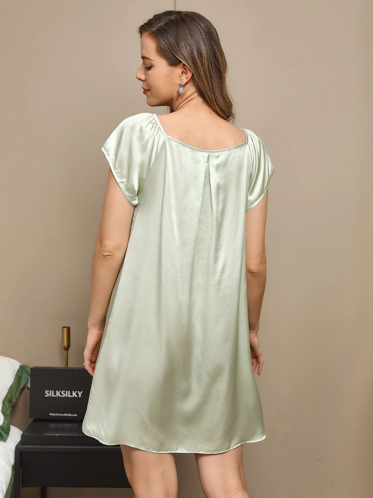 Pure Silk Cap Sleeve Square Neck Short Nightdress - Image 13