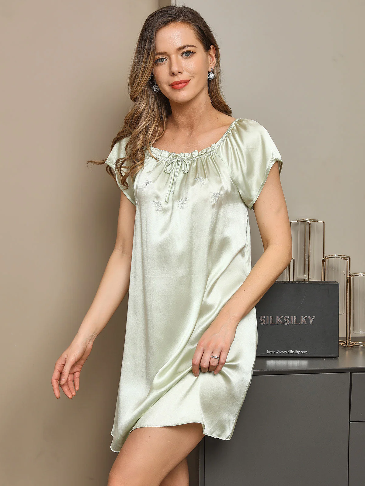 Pure Silk Cap Sleeve Square Neck Short Nightdress - Image 15