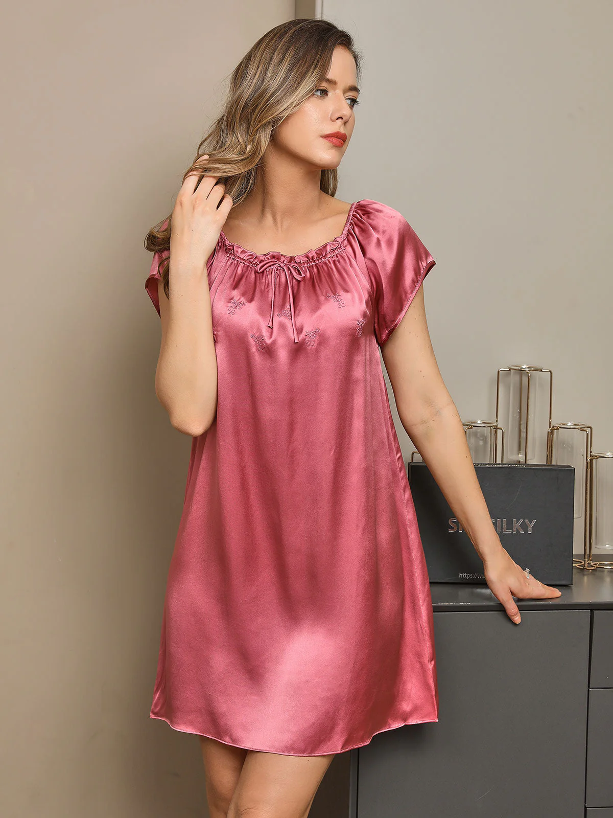 Pure Silk Cap Sleeve Square Neck Short Nightdress - Image 6