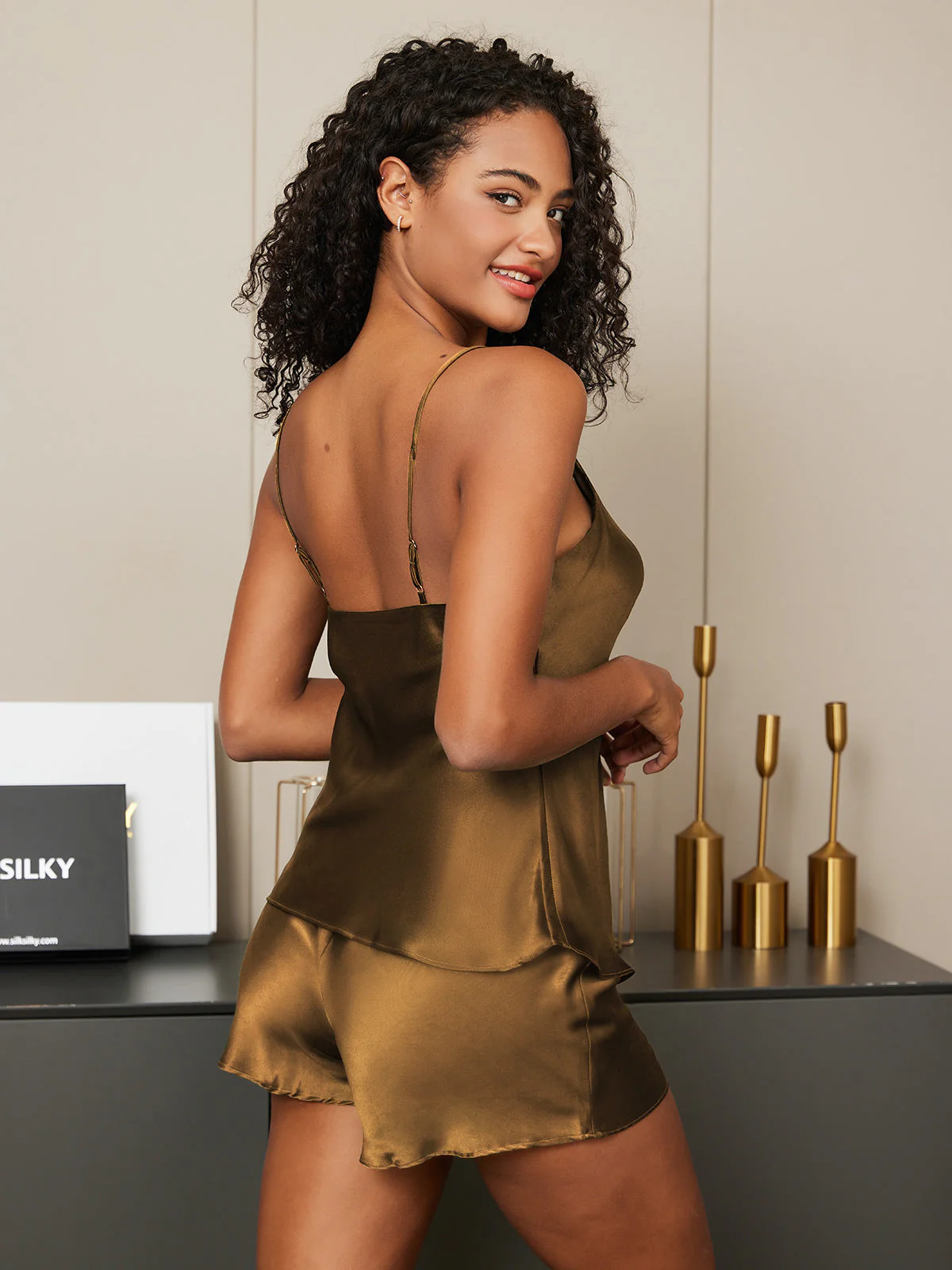 Pure Silk V Neck Above the Knee Camisole Set - Image 55