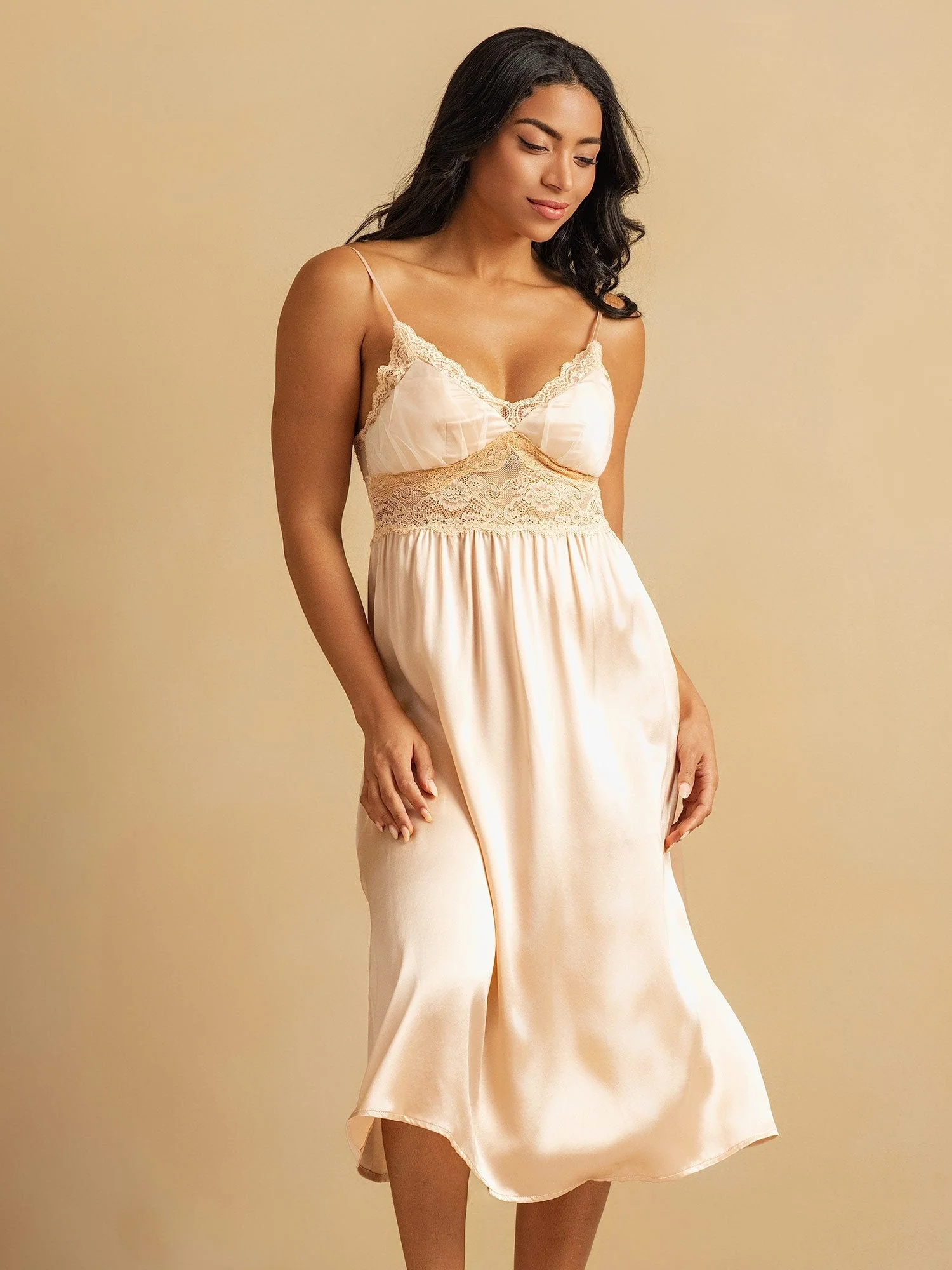 Pure Silk Spaghetti Strap Lace Deep V neck Empire Waist Nightgown - Image 11