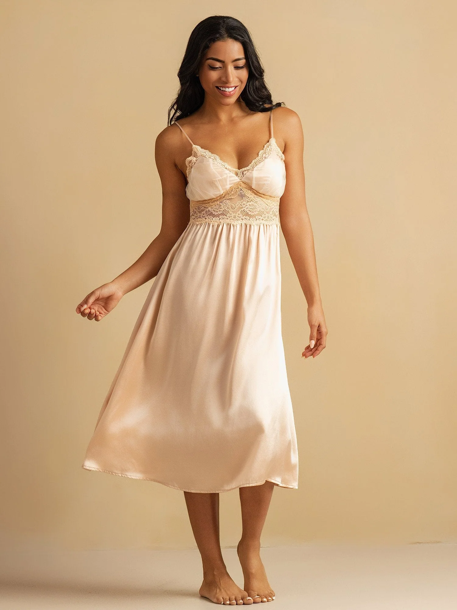 Pure Silk Spaghetti Strap Lace Deep V neck Empire Waist Nightgown - Image 12