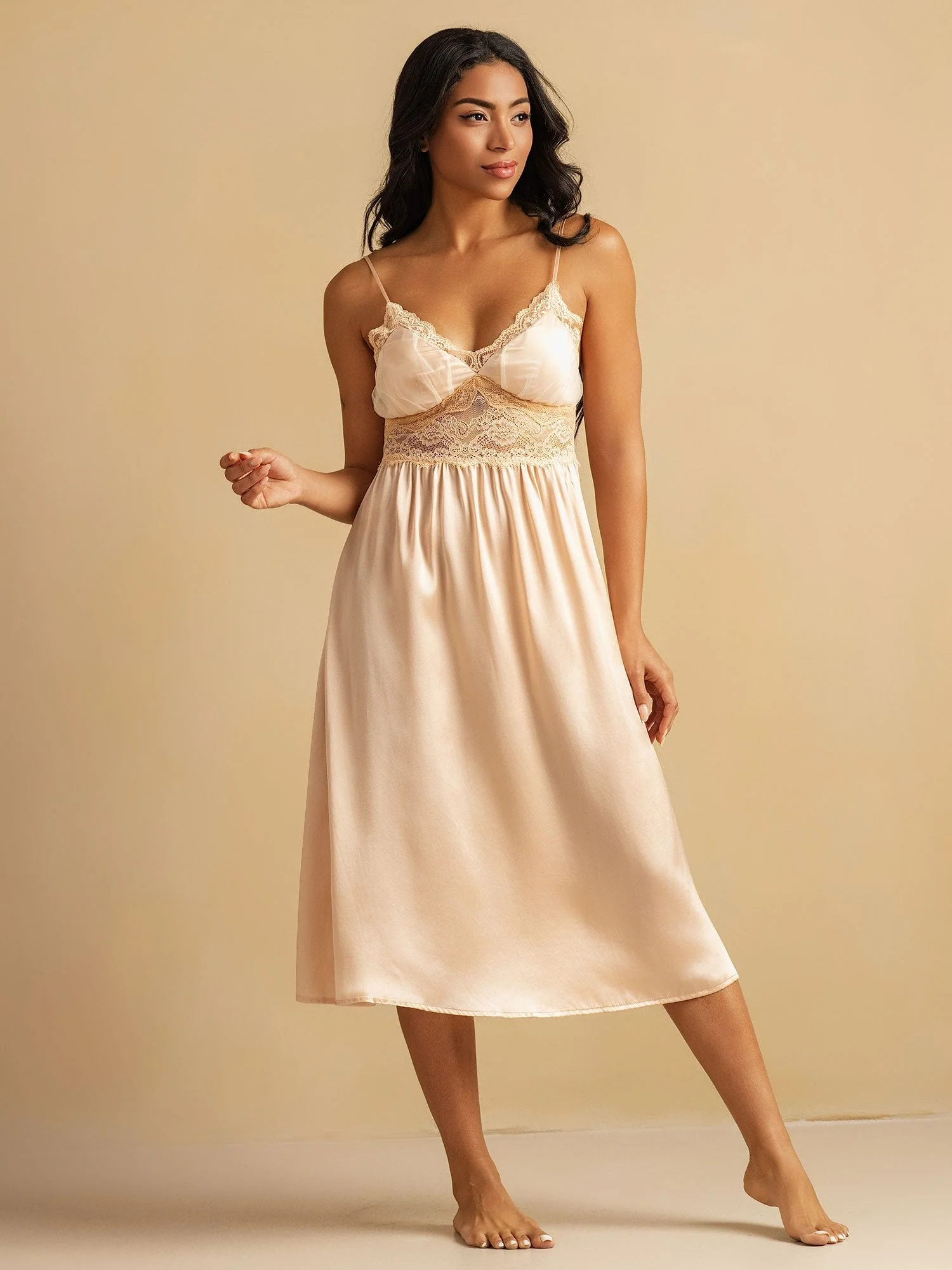 Pure Silk Spaghetti Strap Lace Deep V neck Empire Waist Nightgown - Image 8