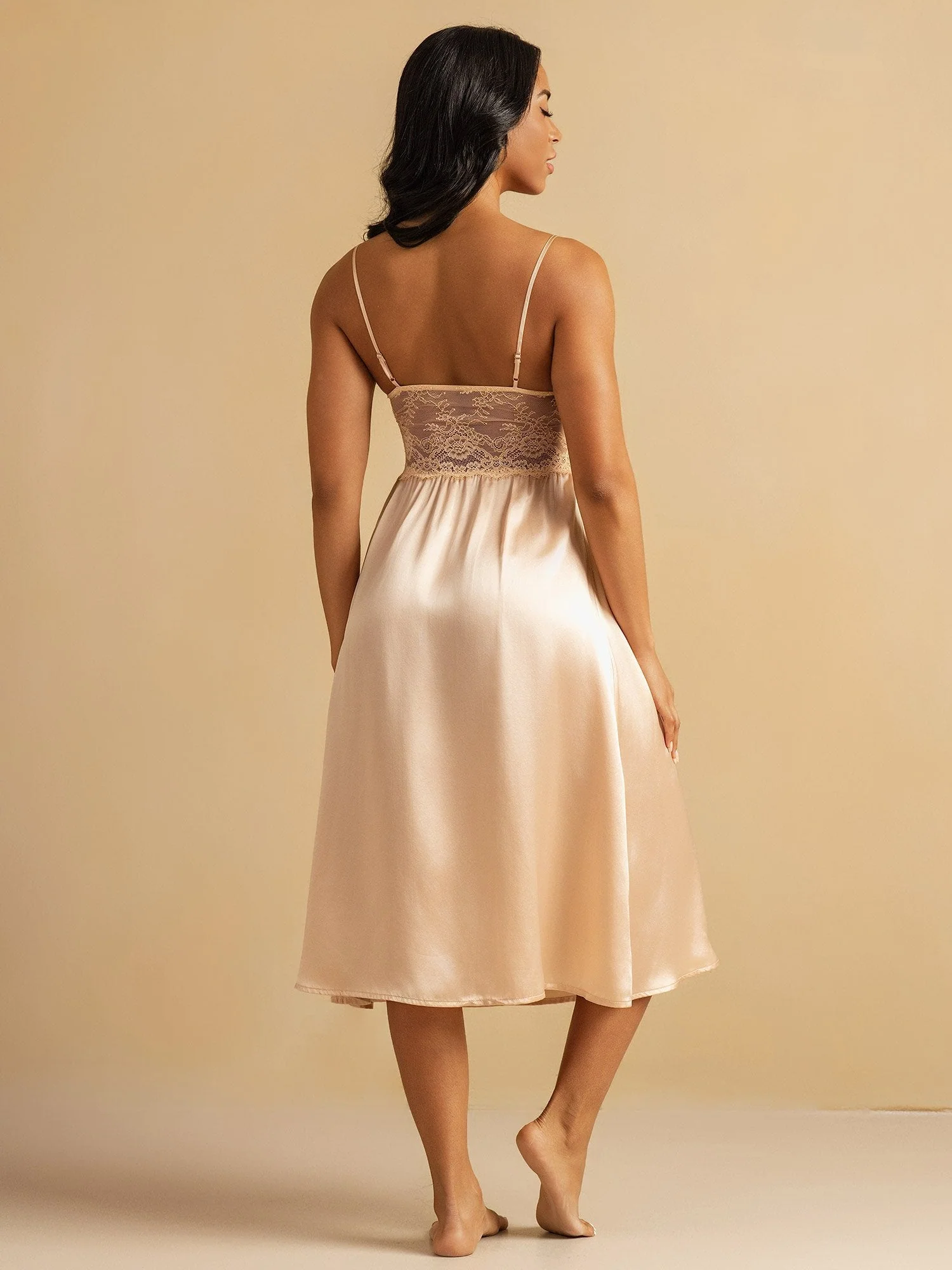 Pure Silk Spaghetti Strap Lace Deep V neck Empire Waist Nightgown - Image 9