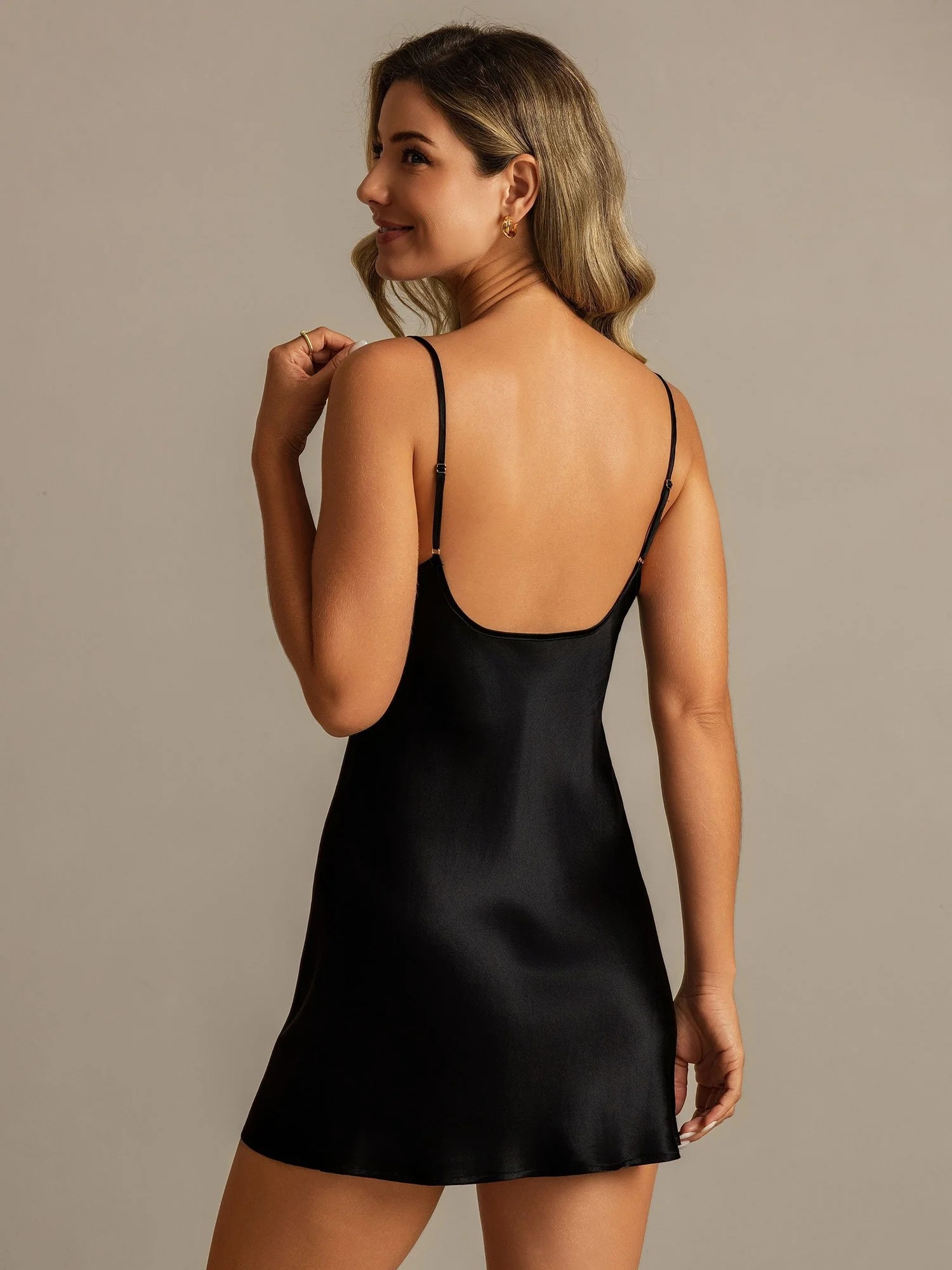 Pure Silk Spaghetti Strap Lace V neck Short Nightgown - Image 9
