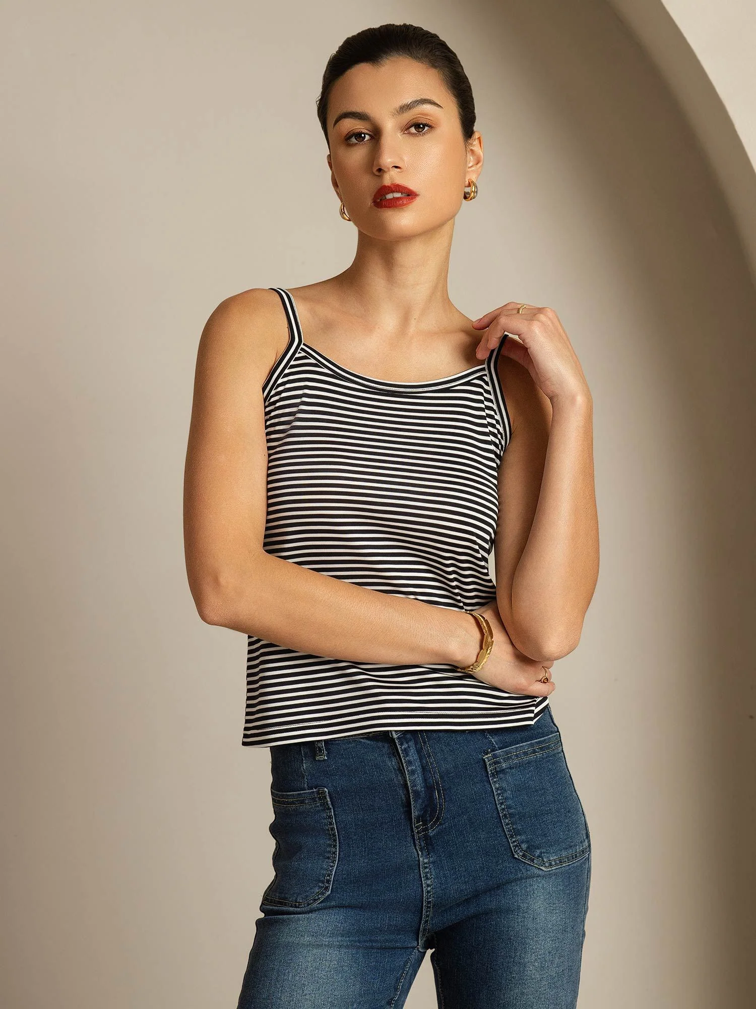 Pure Silk Spaghetti Strap Square Neck Stripe Camisole Top - Image 3