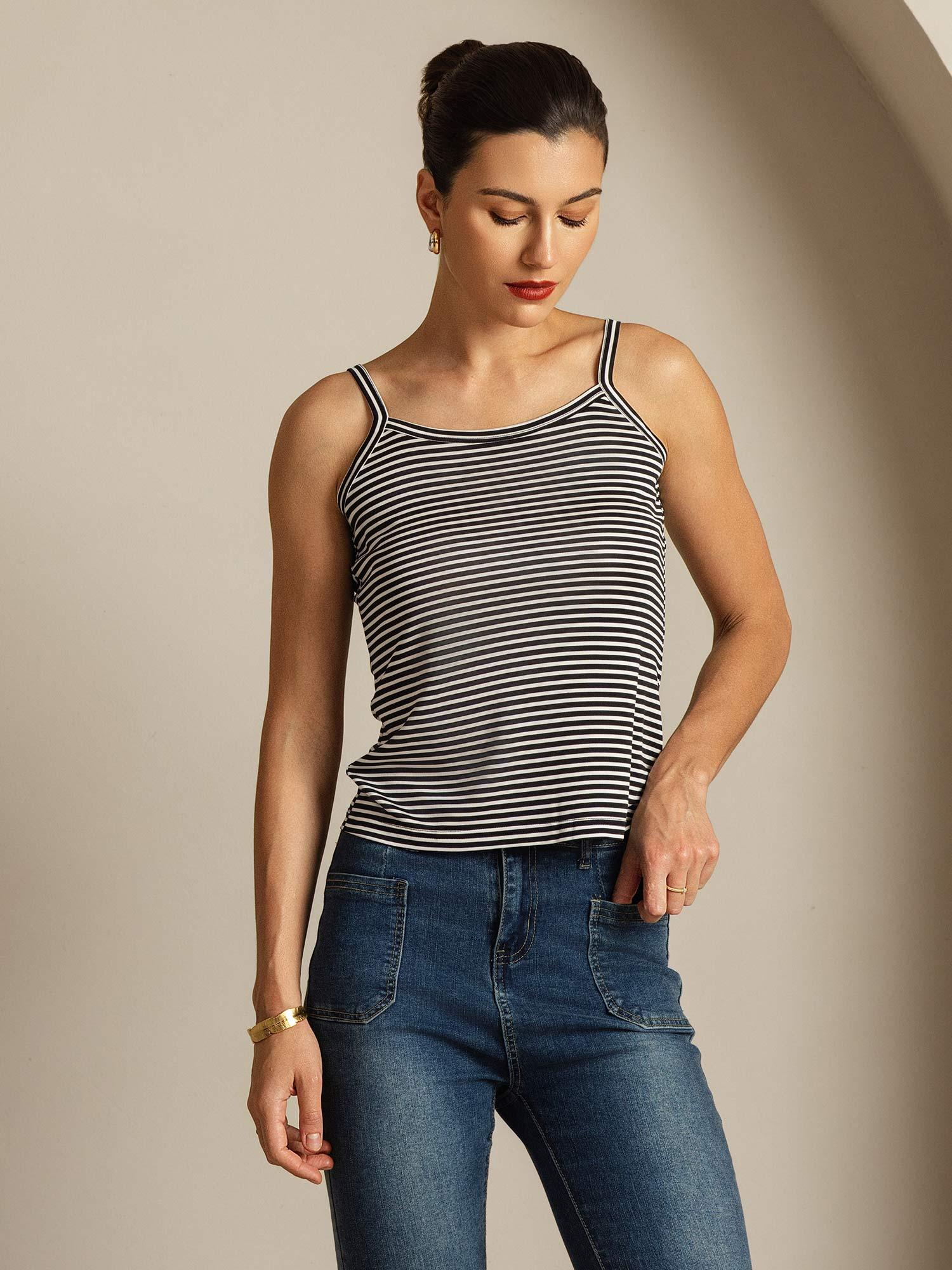 Pure Silk Spaghetti Strap Square Neck Stripe Camisole Top - Image 4