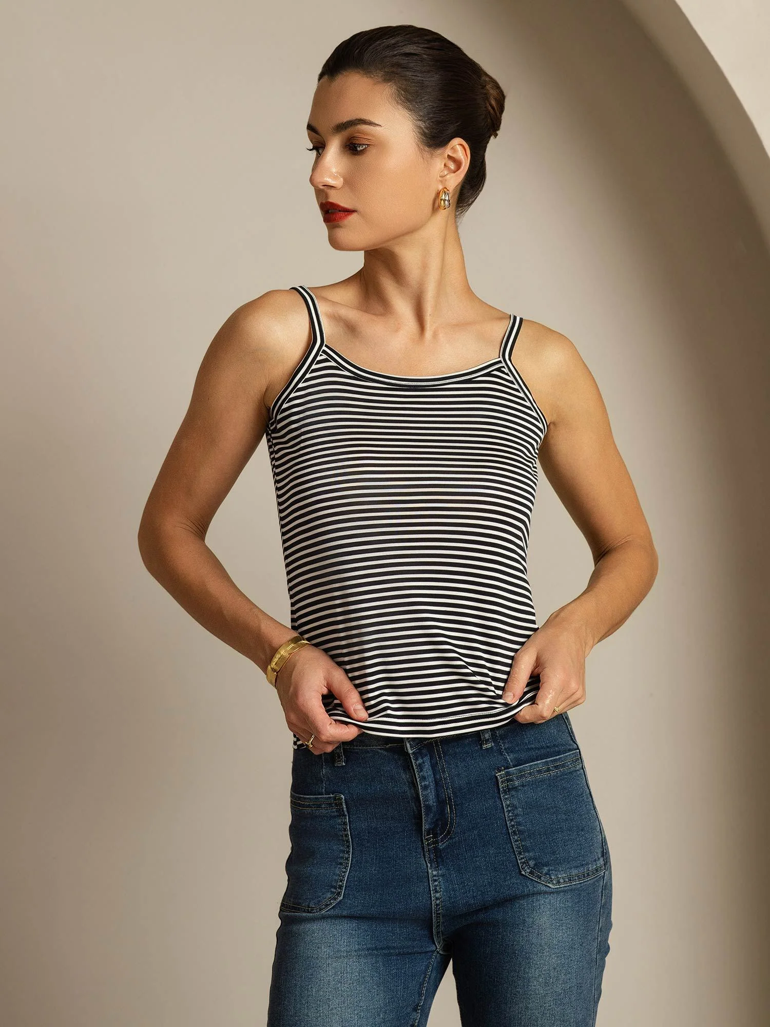 Pure Silk Spaghetti Strap Square Neck Stripe Camisole Top - Image 5