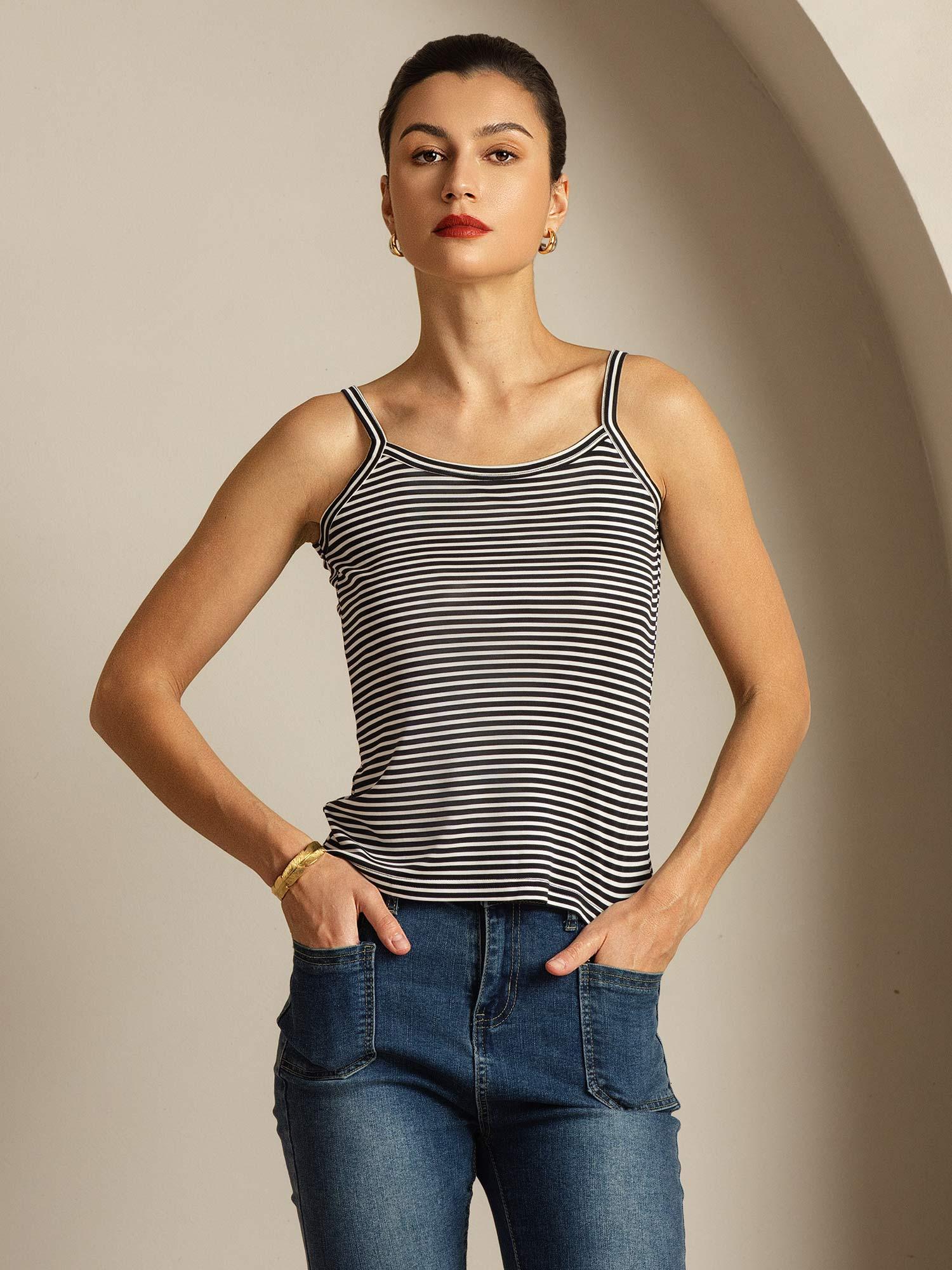 Pure Silk Spaghetti Strap Square Neck Stripe Camisole Top - Image 6