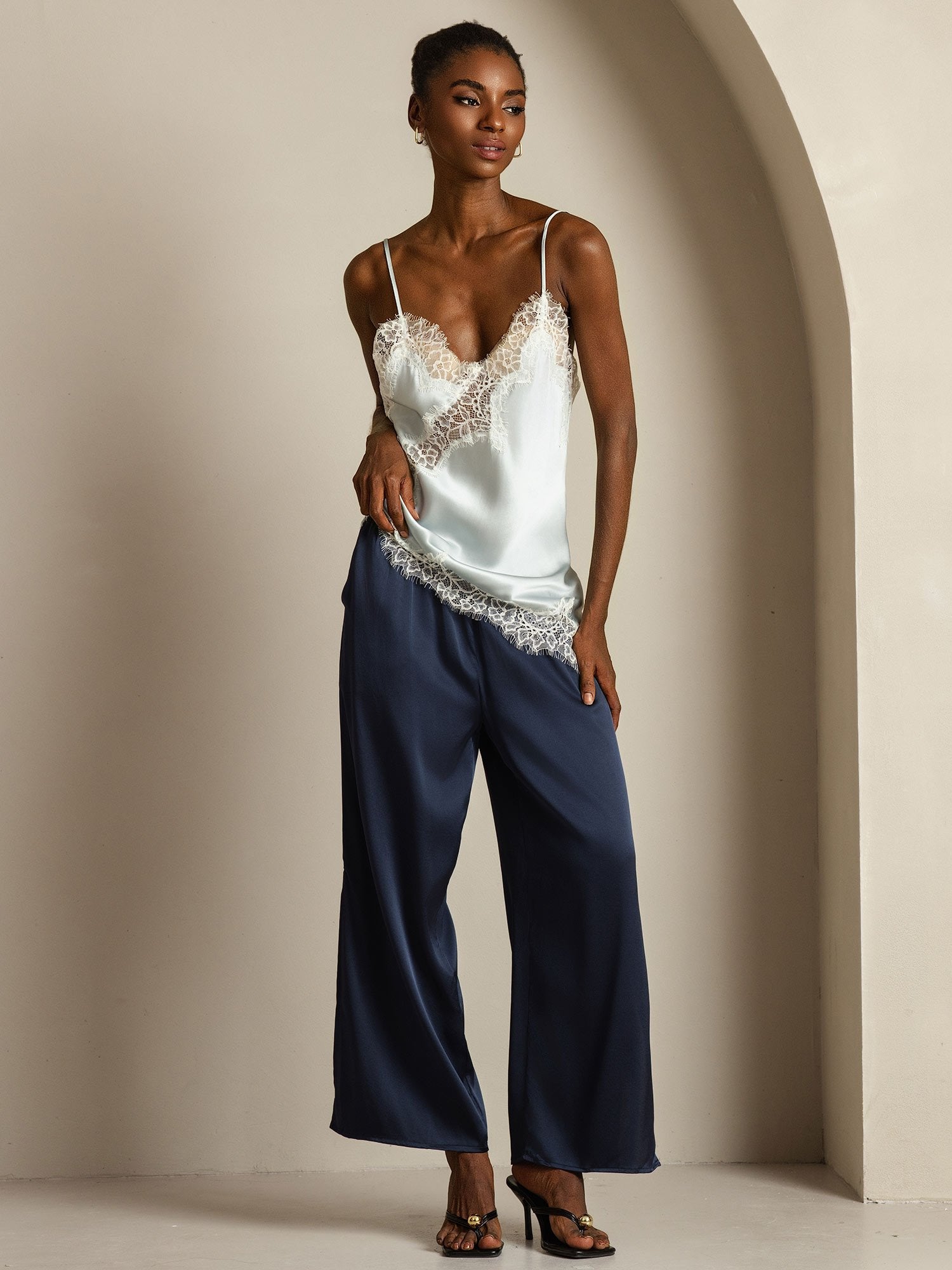 Pure Silk Spaghetti Straps Lace Camisole Top with Asymmetrical Hem - Image 10