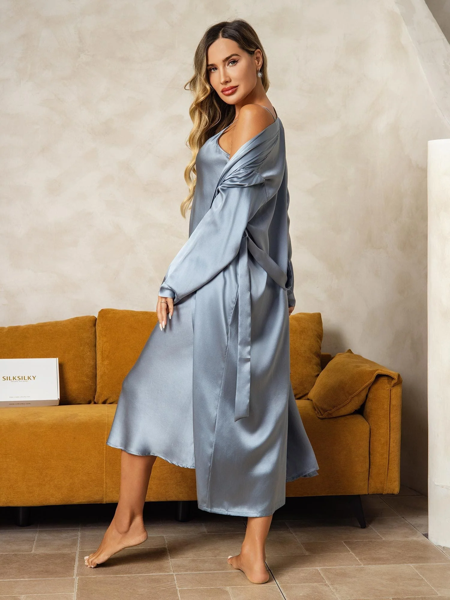 Pure Silk V-Neck Midi Nightdress & Dressing Gown Set 2Pcs - Image 18