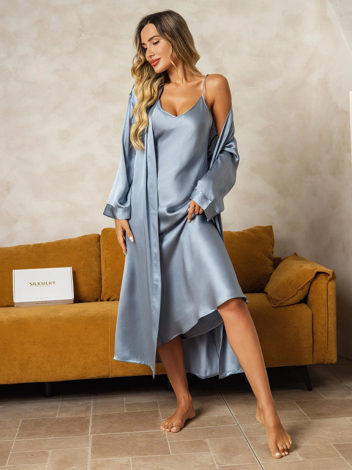 Pure Silk V-Neck Midi Nightdress & Dressing Gown Set 2Pcs - Image 20