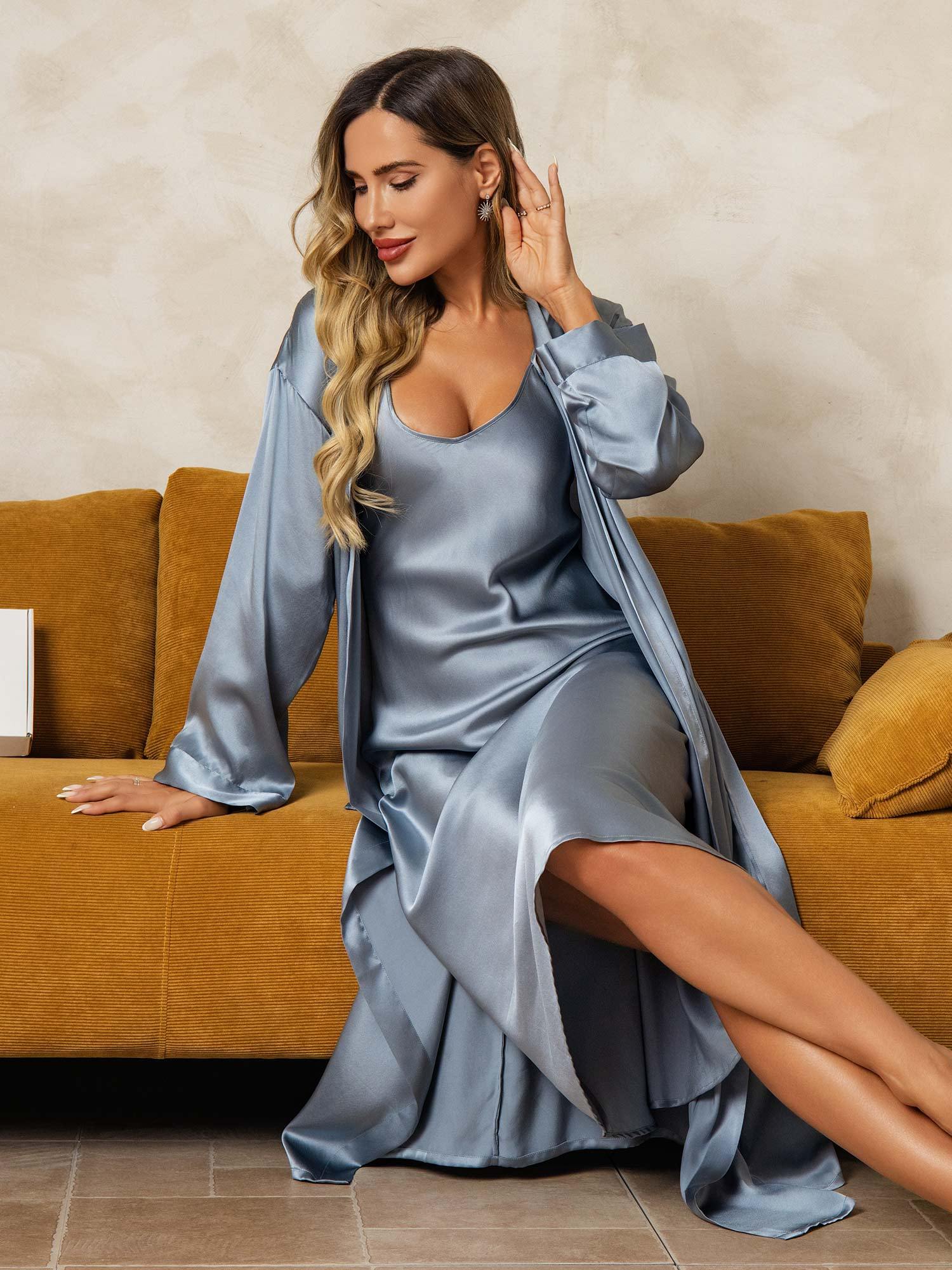 Pure Silk V-Neck Midi Nightdress & Dressing Gown Set 2Pcs - Image 25