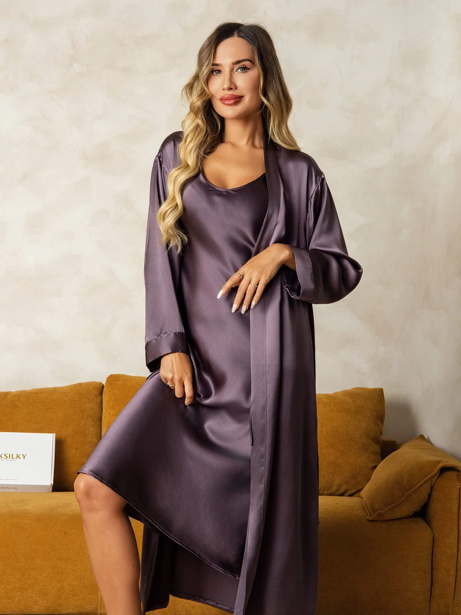 Pure Silk V-Neck Midi Nightdress & Dressing Gown Set 2Pcs - Image 28
