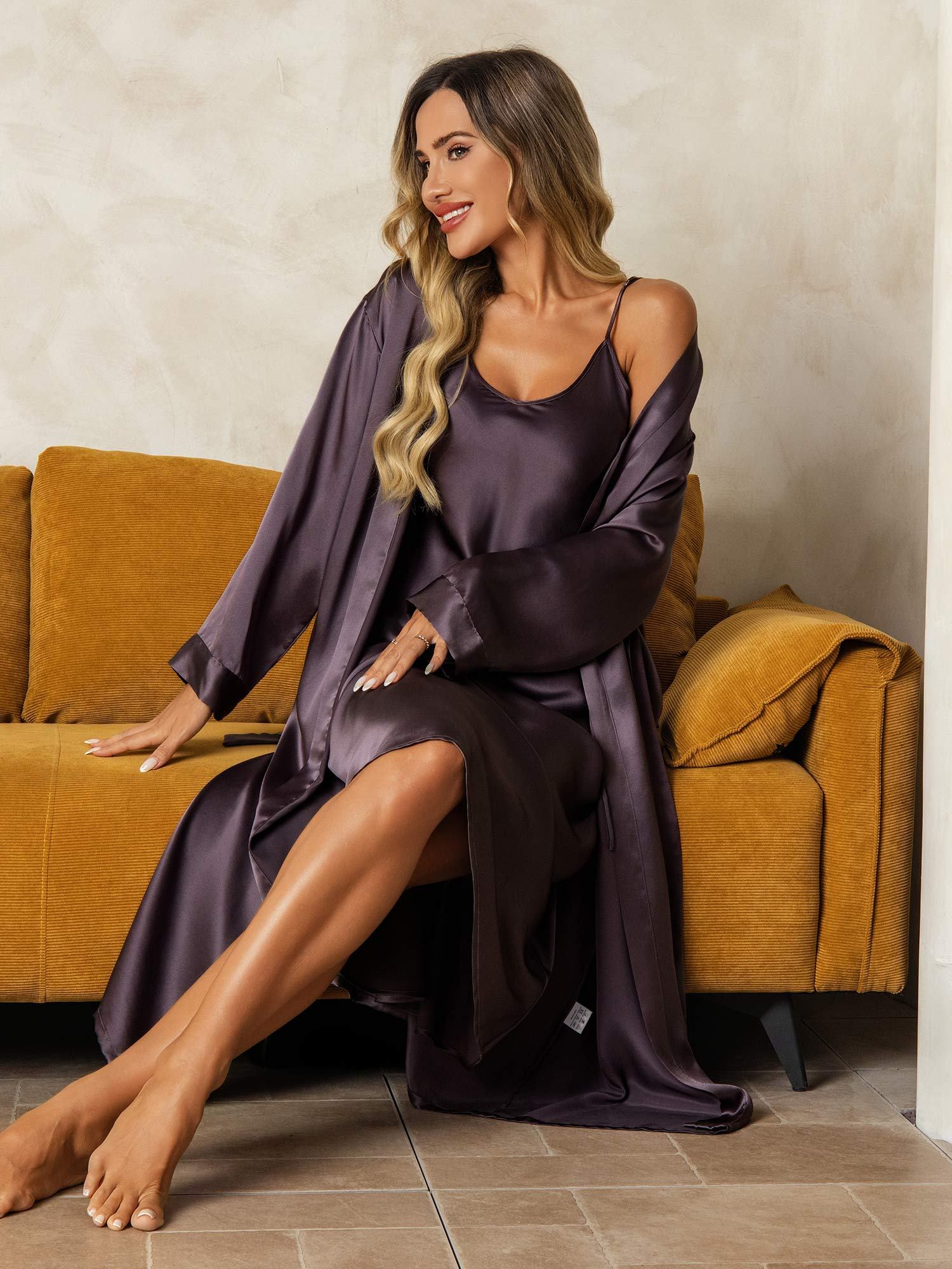 Pure Silk V-Neck Midi Nightdress & Dressing Gown Set 2Pcs - Image 29