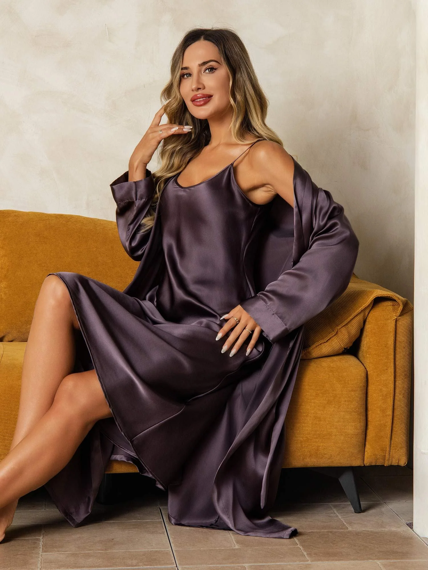 Pure Silk V-Neck Midi Nightdress & Dressing Gown Set 2Pcs - Image 31