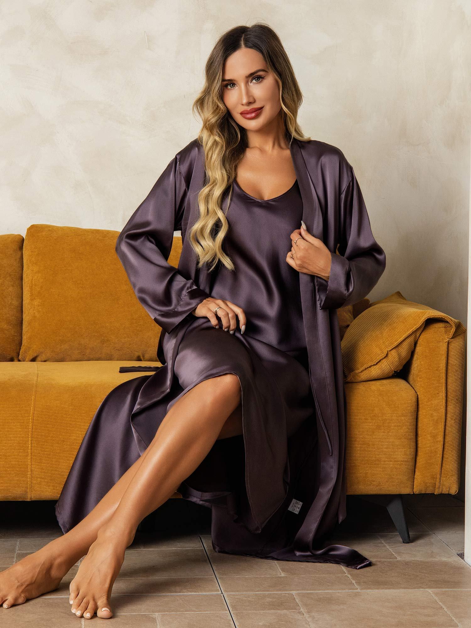 Pure Silk V-Neck Midi Nightdress & Dressing Gown Set 2Pcs - Image 32