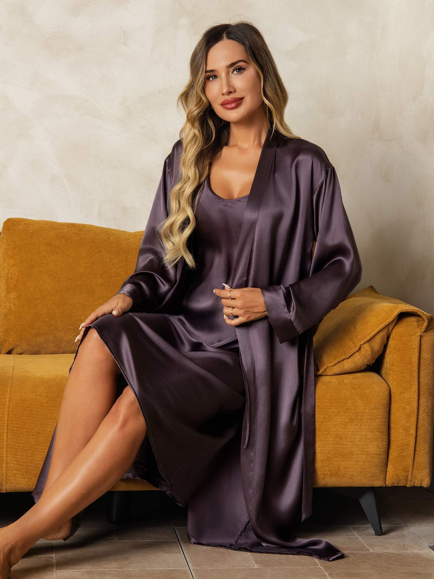Pure Silk V-Neck Midi Nightdress & Dressing Gown Set 2Pcs - Image 33