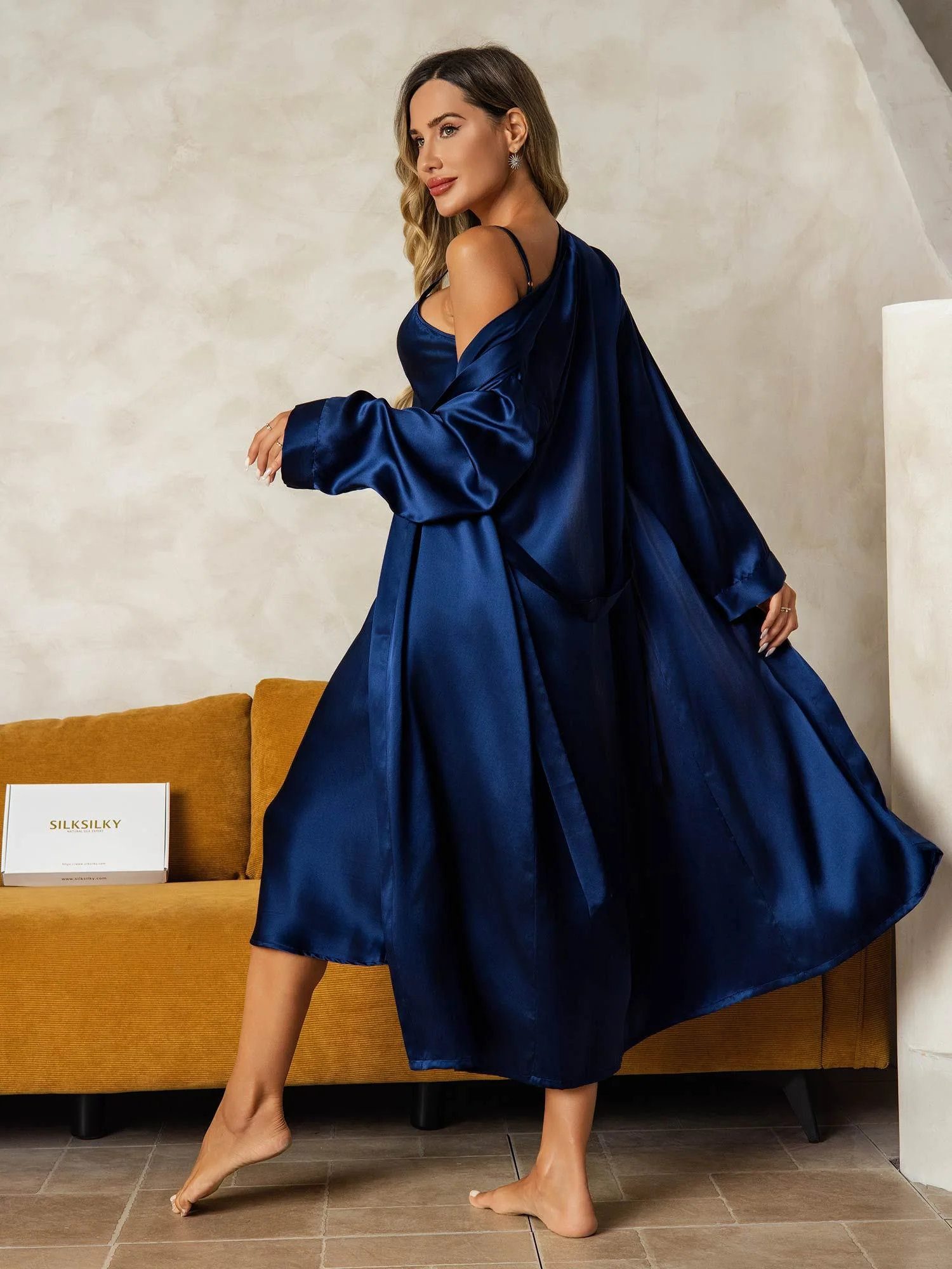 Pure Silk V-Neck Midi Nightdress & Dressing Gown Set 2Pcs - Image 36