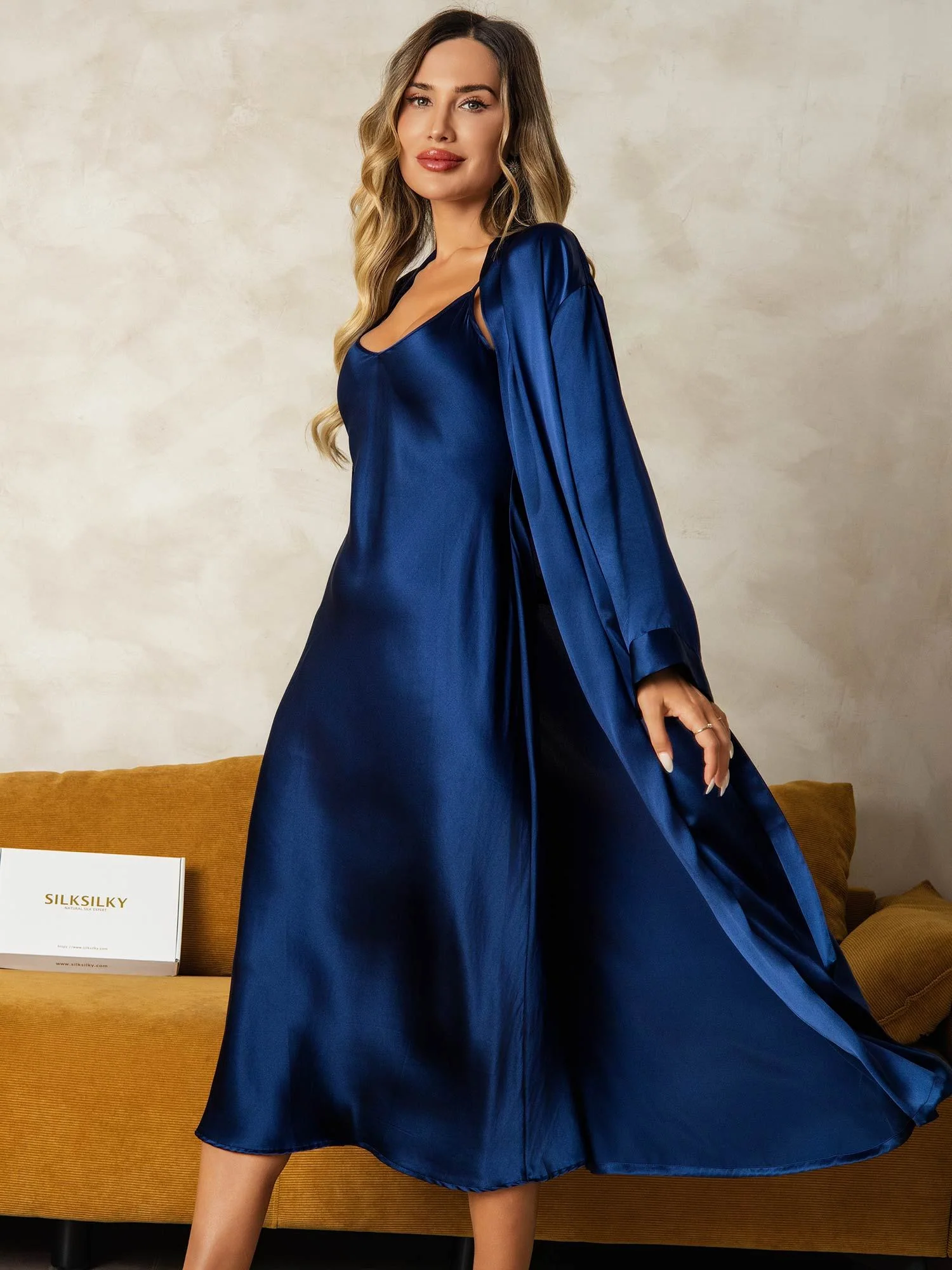 Pure Silk V-Neck Midi Nightdress & Dressing Gown Set 2Pcs - Image 38