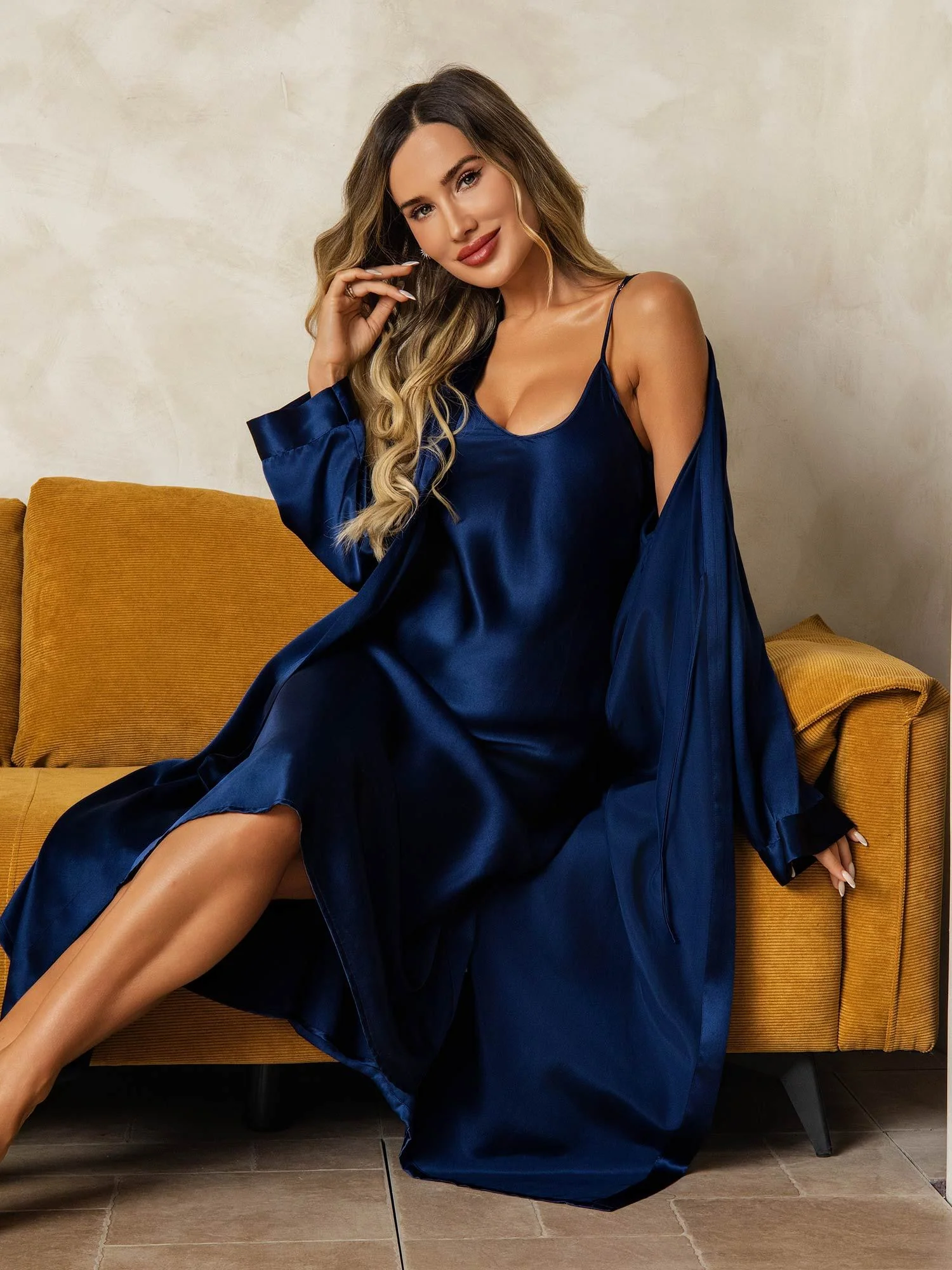 Pure Silk V-Neck Midi Nightdress & Dressing Gown Set 2Pcs - Image 40