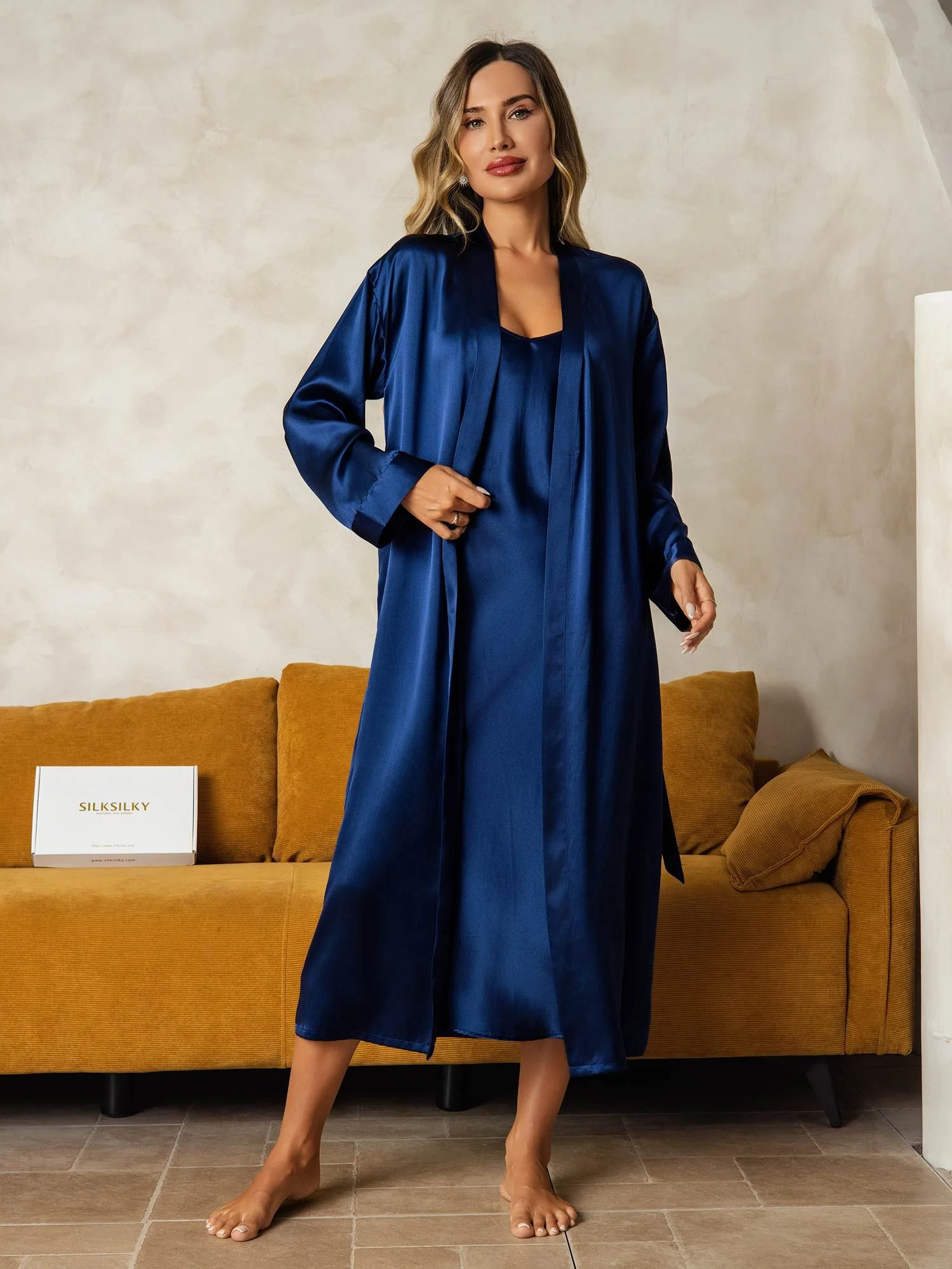 Pure Silk V-Neck Midi Nightdress & Dressing Gown Set 2Pcs - Image 42