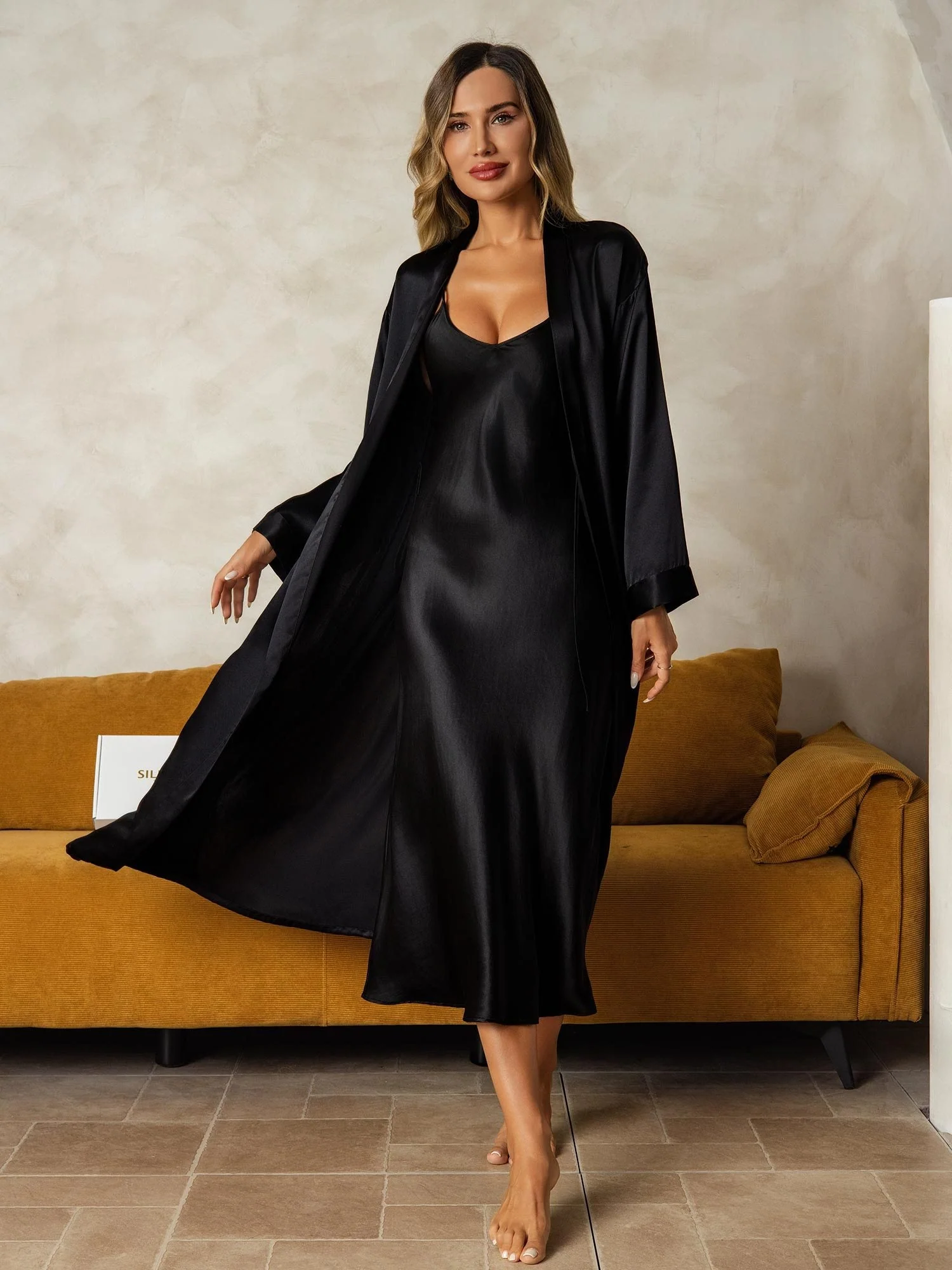 Pure Silk V-Neck Midi Nightdress & Dressing Gown Set 2Pcs - Image 44
