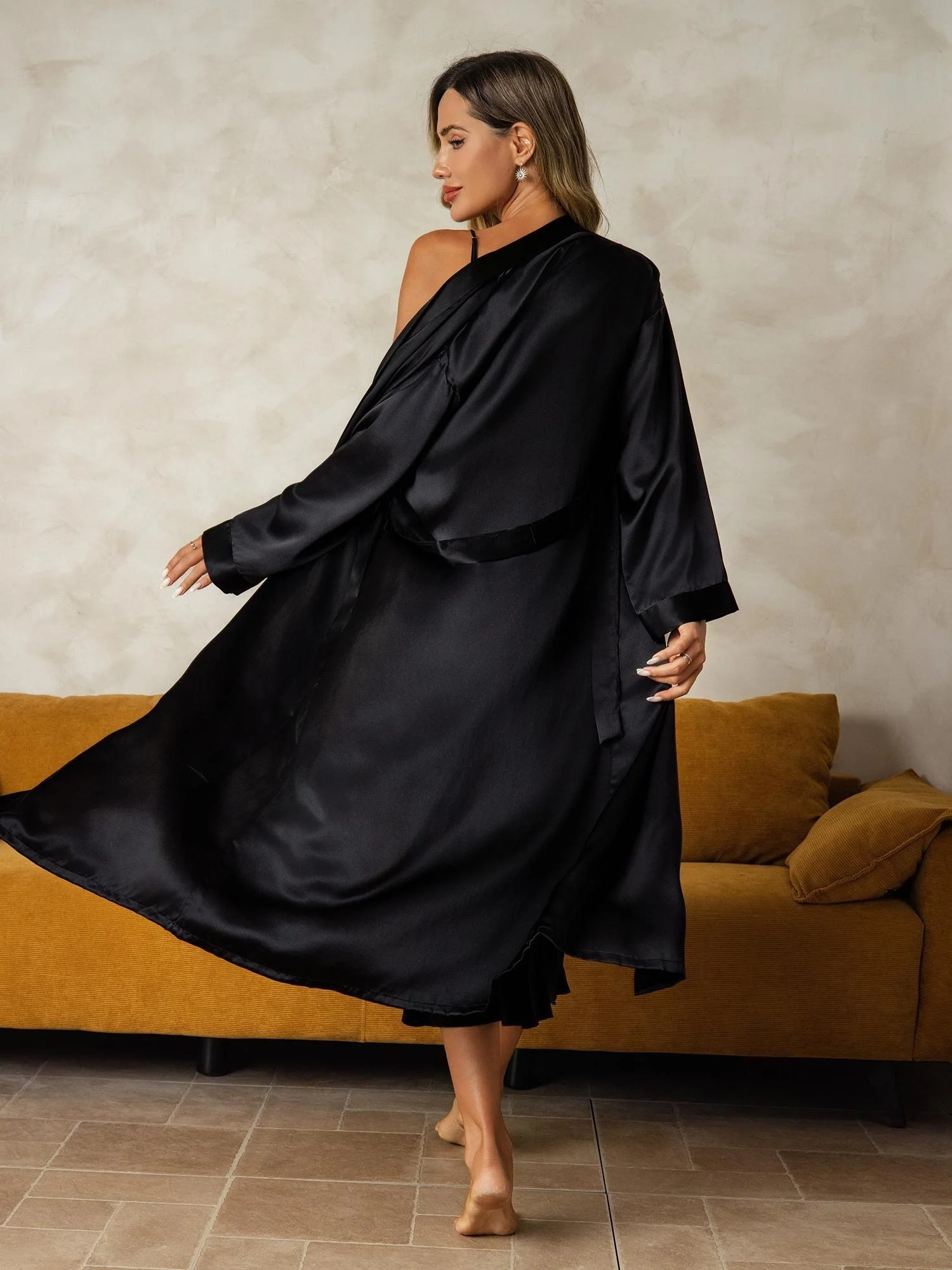 Pure Silk V-Neck Midi Nightdress & Dressing Gown Set 2Pcs - Image 45