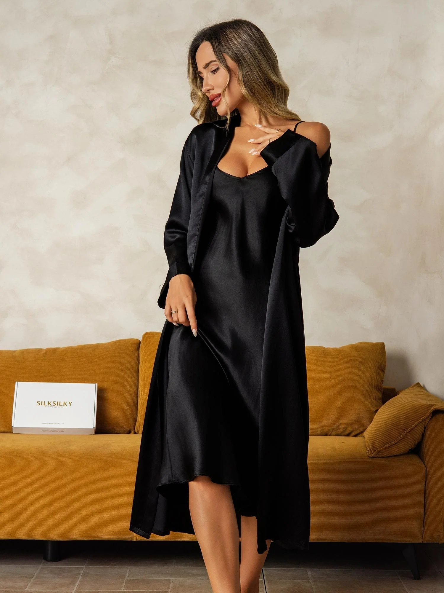 Pure Silk V-Neck Midi Nightdress & Dressing Gown Set 2Pcs - Image 46