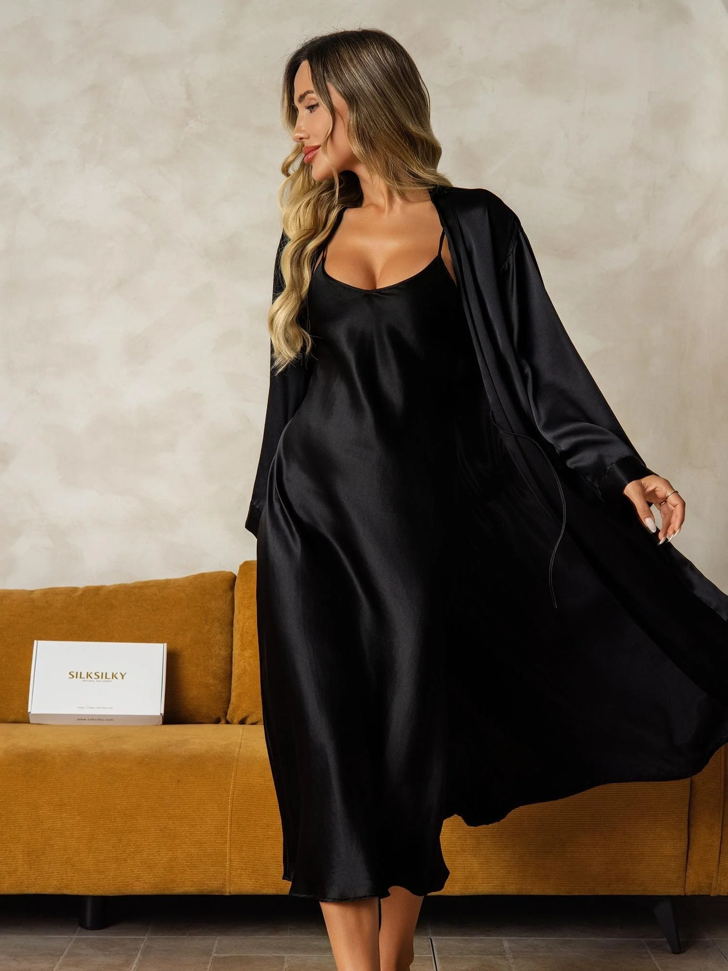 Pure Silk V-Neck Midi Nightdress & Dressing Gown Set 2Pcs - Image 48