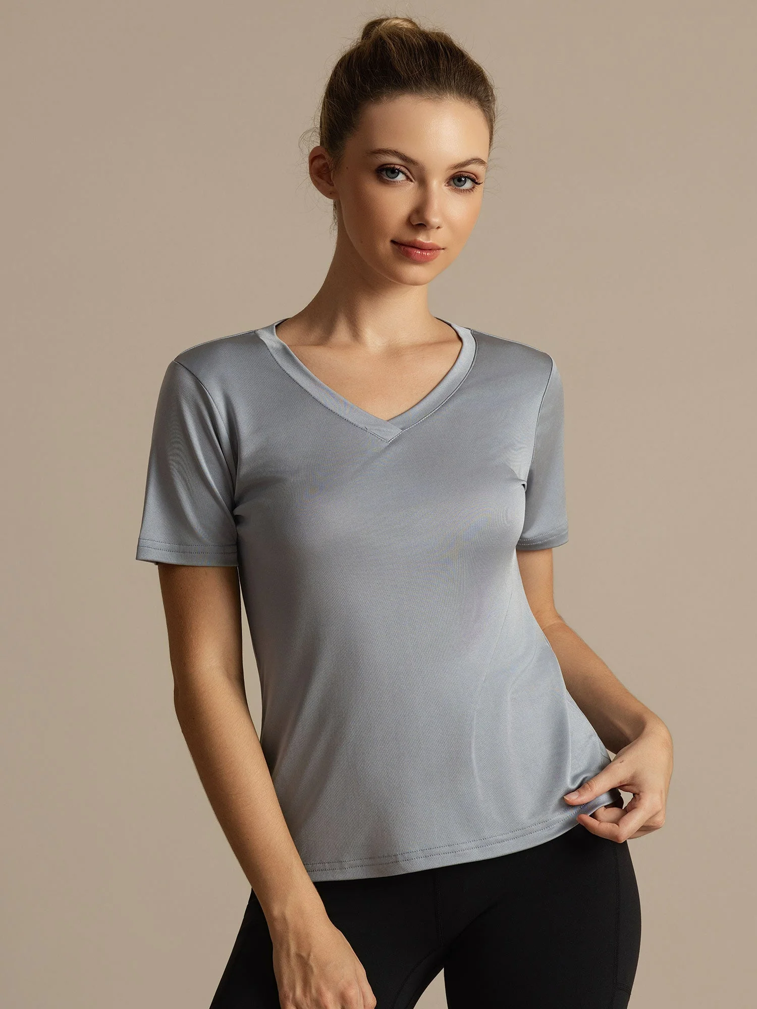 Pure Silk V-Neck Short Sleeves Women's Sport T-Shirt - Image 10