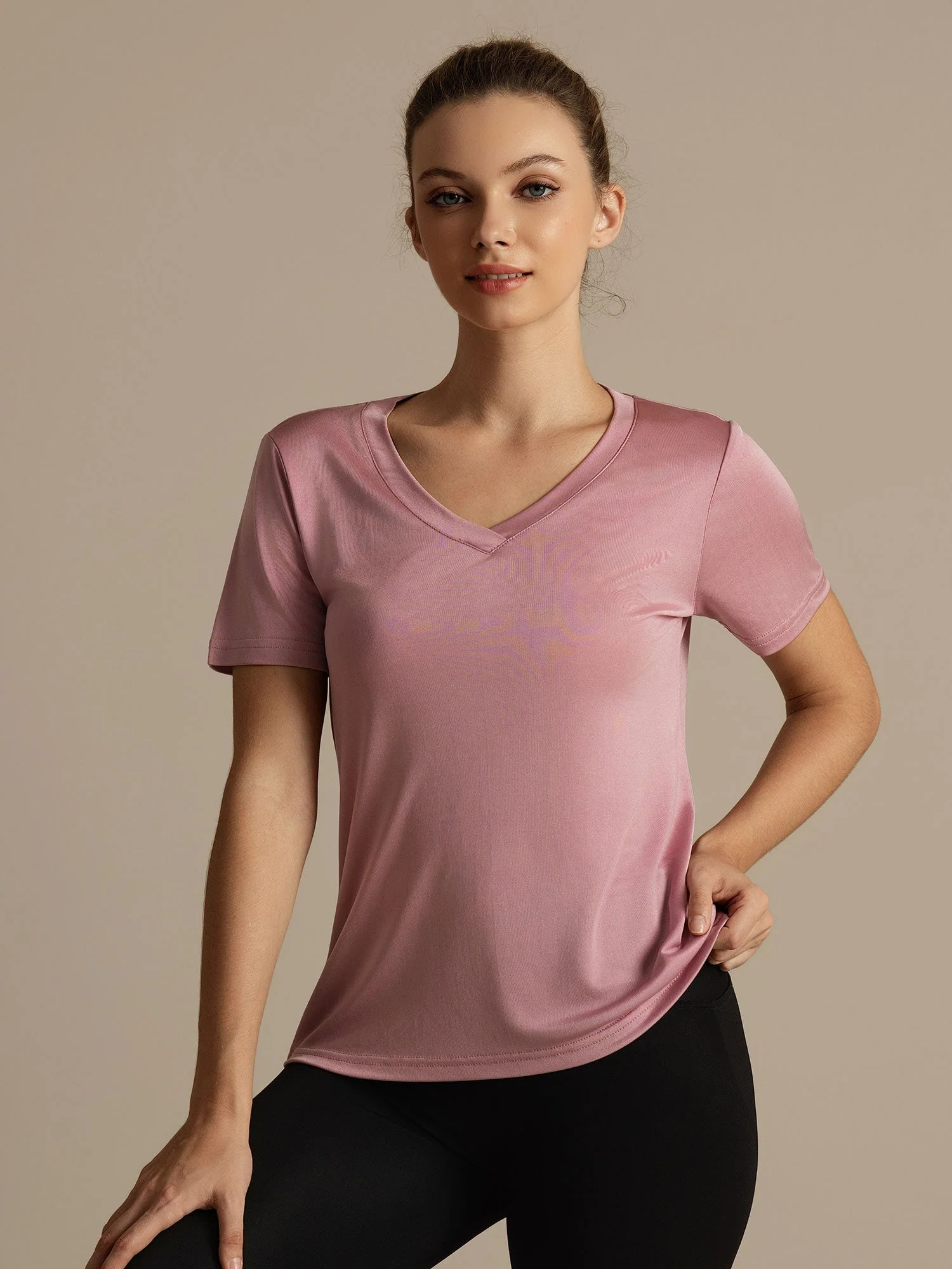 Pure Silk V-Neck Short Sleeves Women's Sport T-Shirt - Image 2
