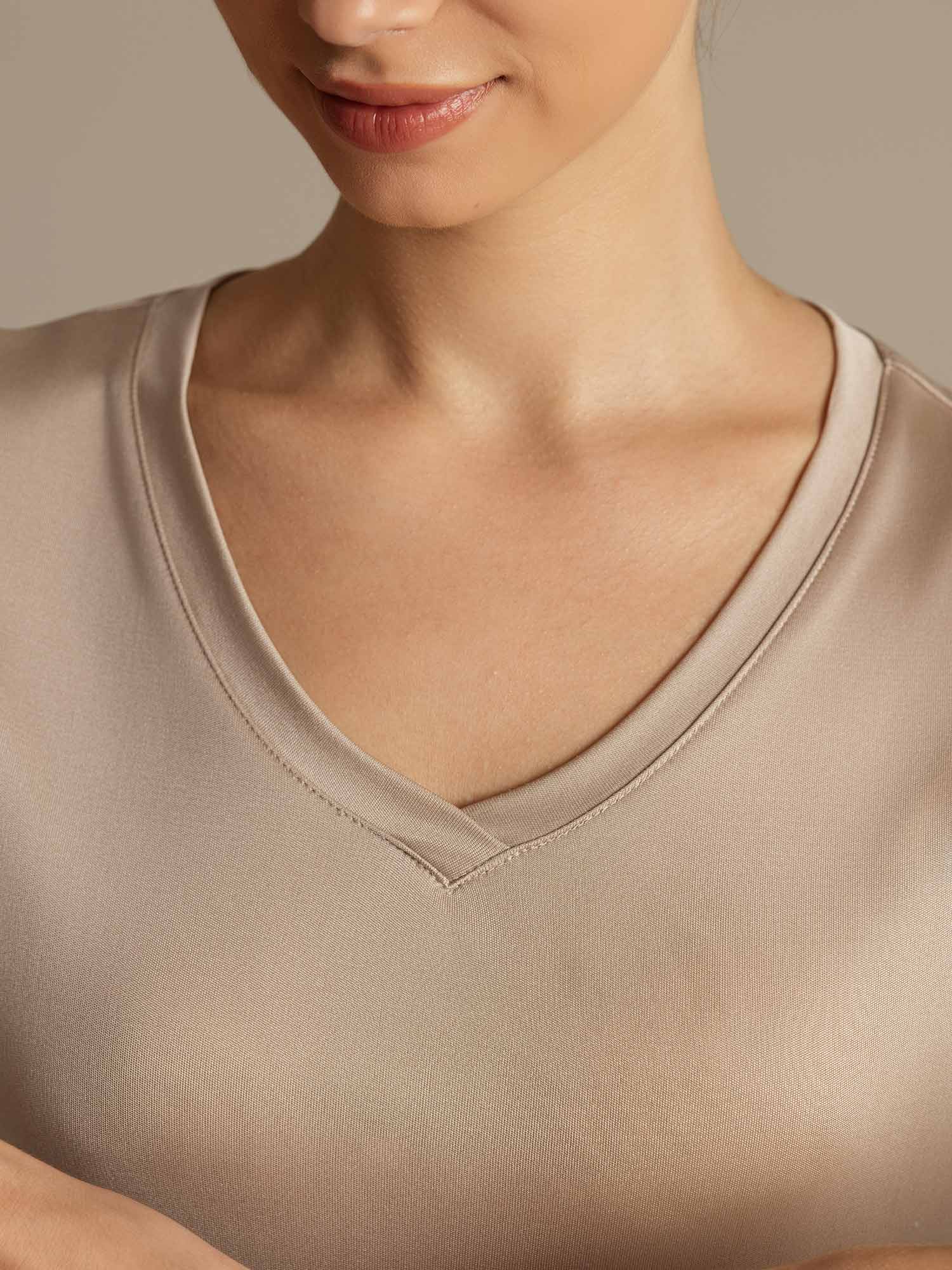 Pure Silk V-Neck Short Sleeves Women's Sport T-Shirt - Image 21